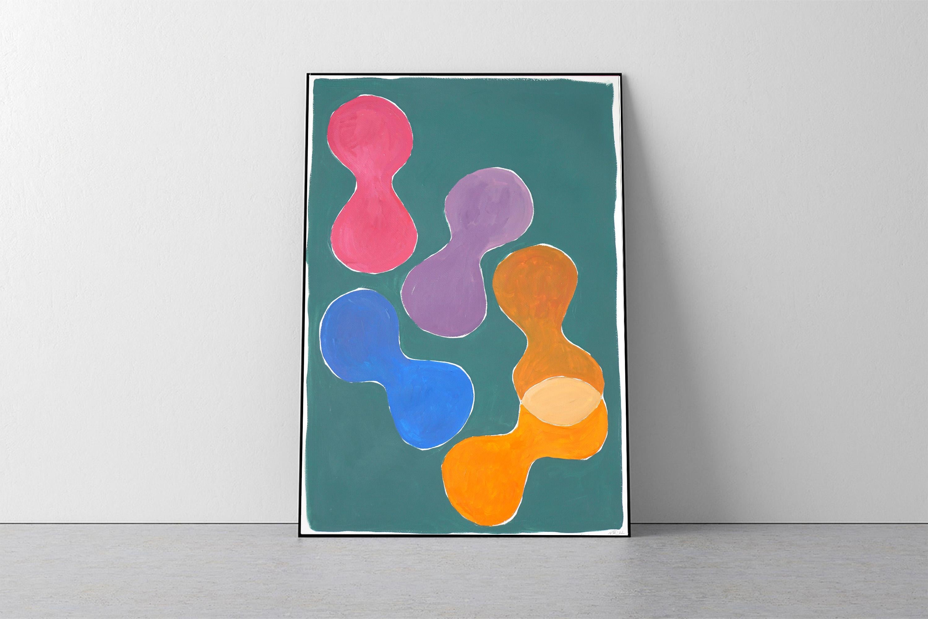 Pools of Colors I, Abstract Sixties Shapes on Turquoise, Vintage Pool Style 2022 - Painting by Natalia Roman
