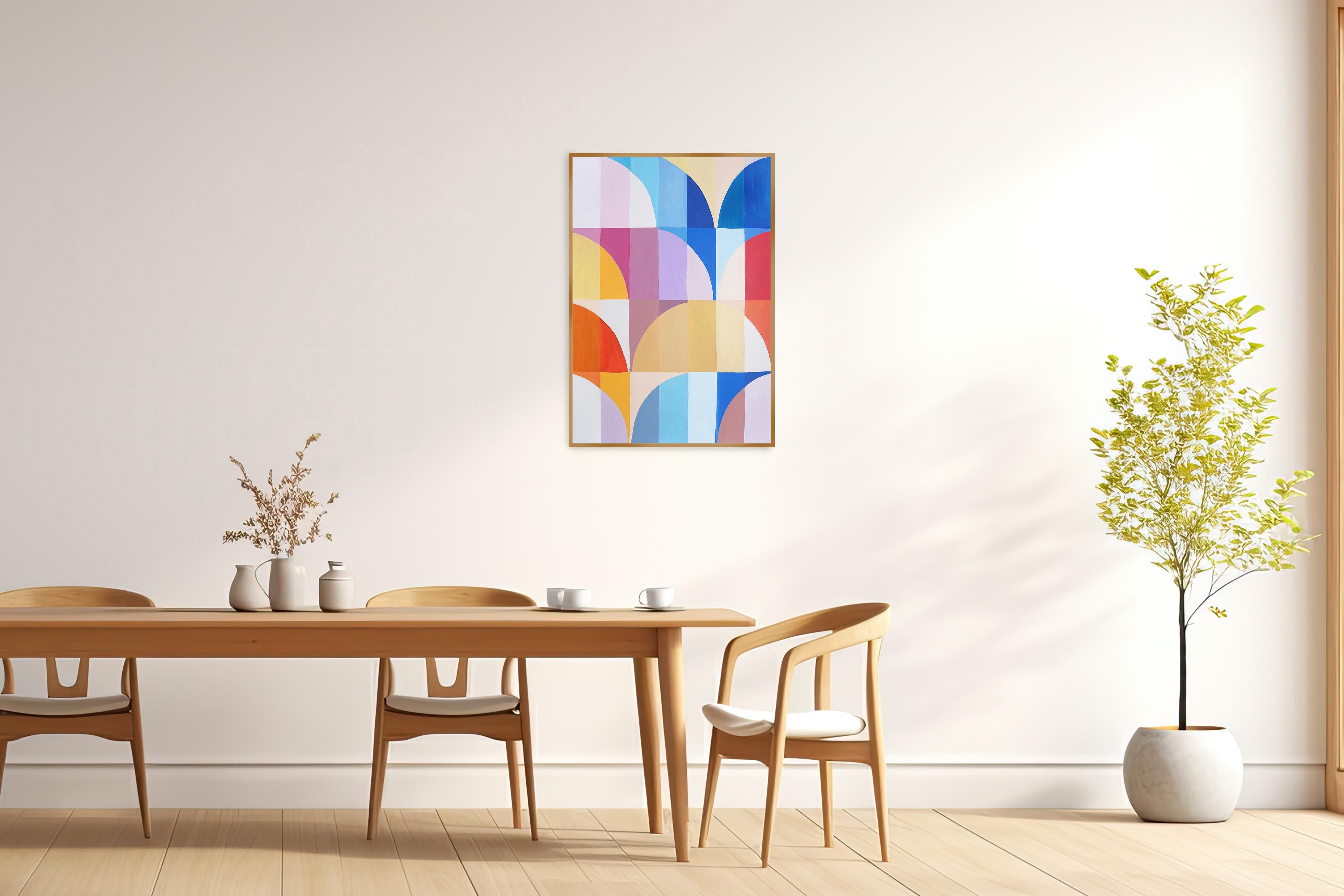 Vista del Faro de Portofino, Pintura en cuadrícula sobre papel con arcos Bauhaus de tonos vivos - Painting Cubista de Natalia Roman