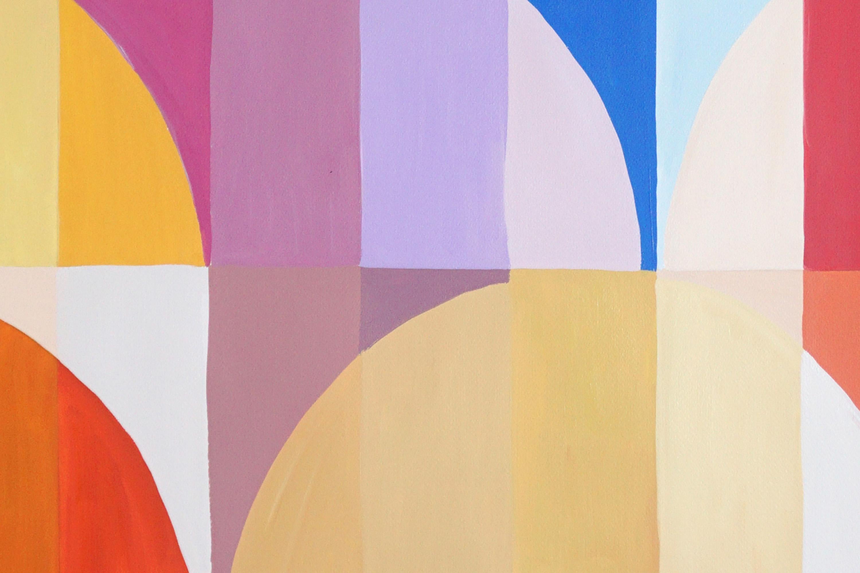 Vista del Faro de Portofino, Pintura en cuadrícula sobre papel con arcos Bauhaus de tonos vivos - Abstract Painting Beige de Natalia Roman