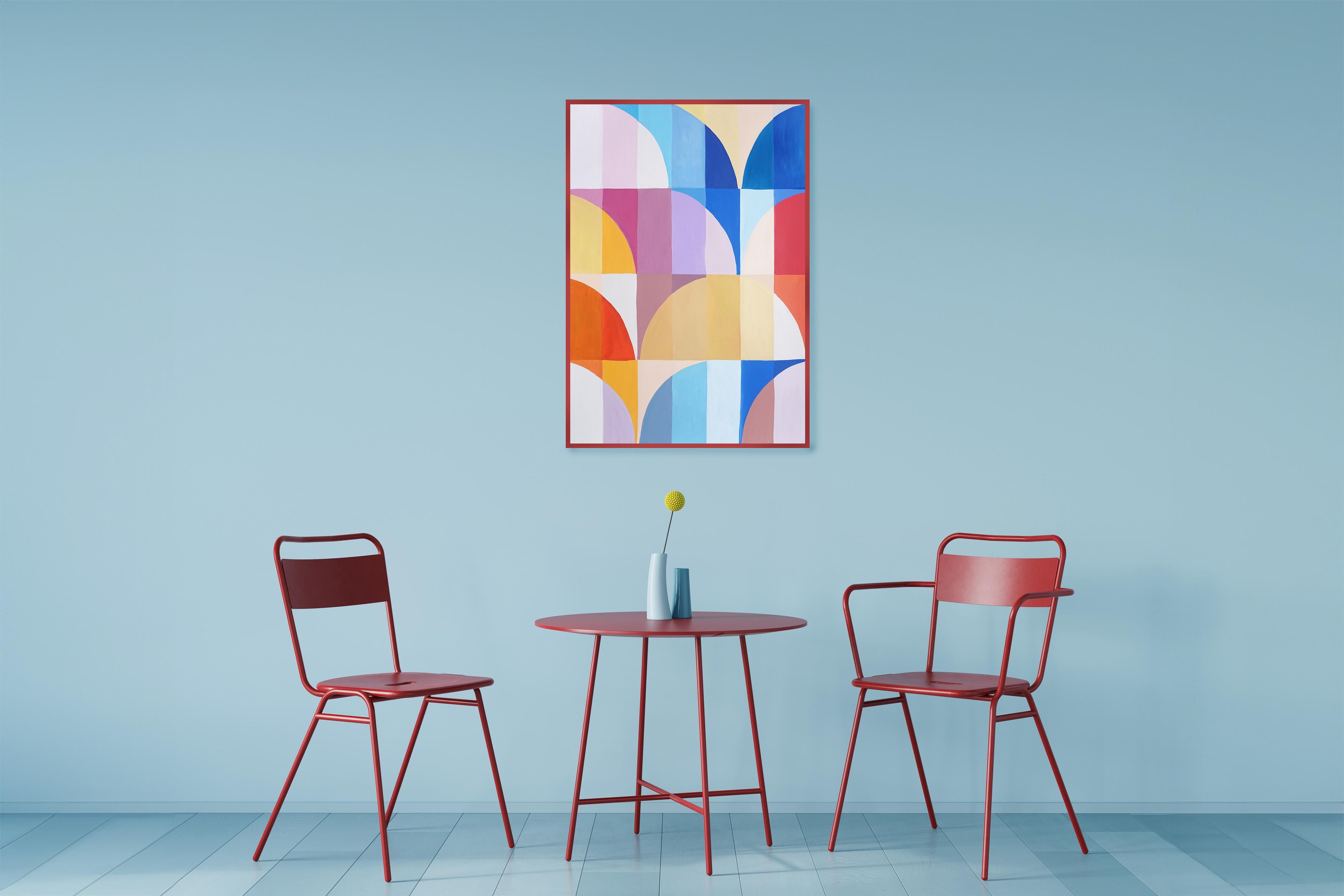 Esta serie de pinturas geométricas abstractas de Natalia Roman se inspira en las elegantes cuadrículas y curvas de la arquitectura Bauhaus, al tiempo que explora variaciones de colores brillantes y pastel. Los arcos y curvas, meticulosamente