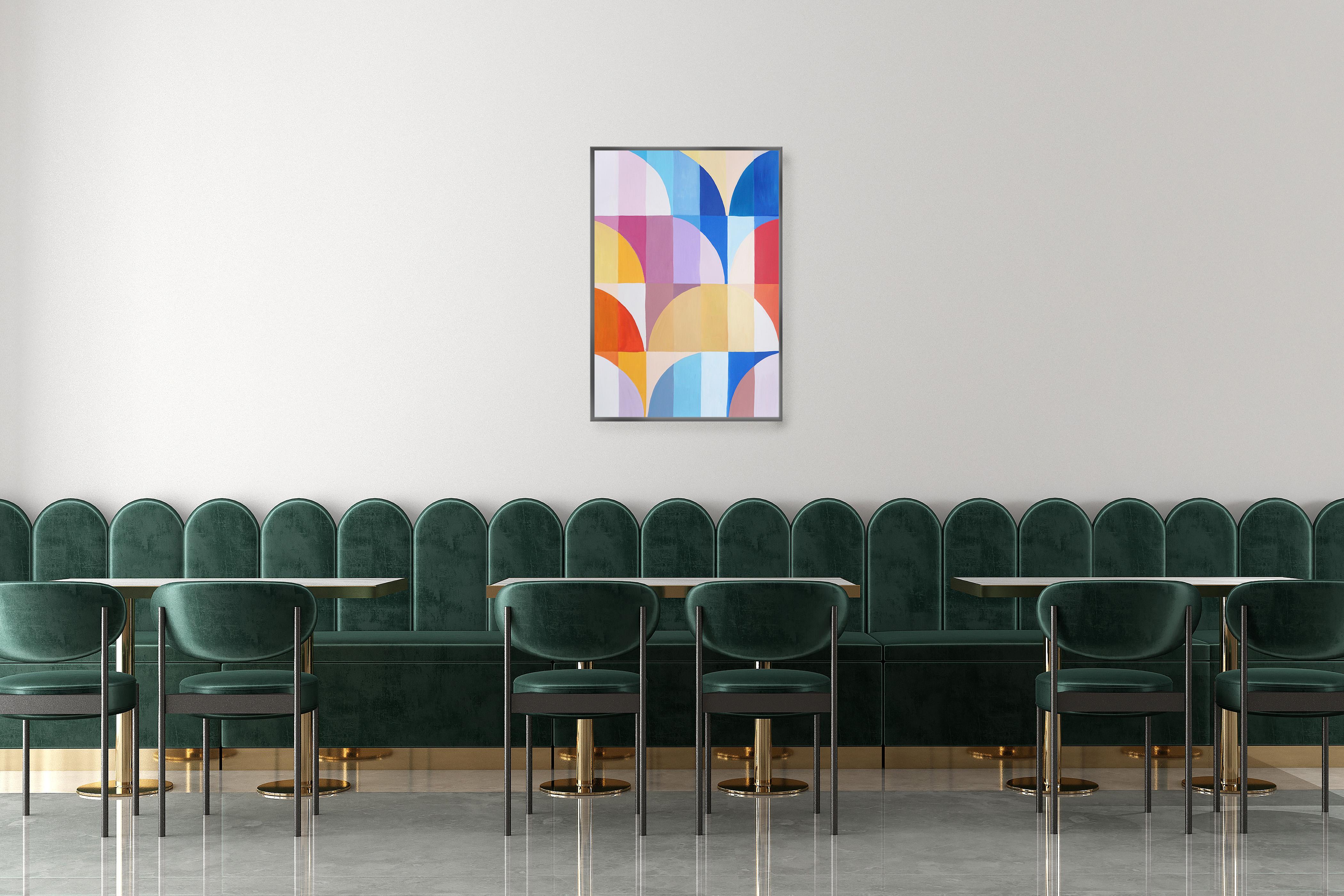 Vista del Faro de Portofino, Pintura en cuadrícula sobre papel con arcos Bauhaus de tonos vivos en venta 2
