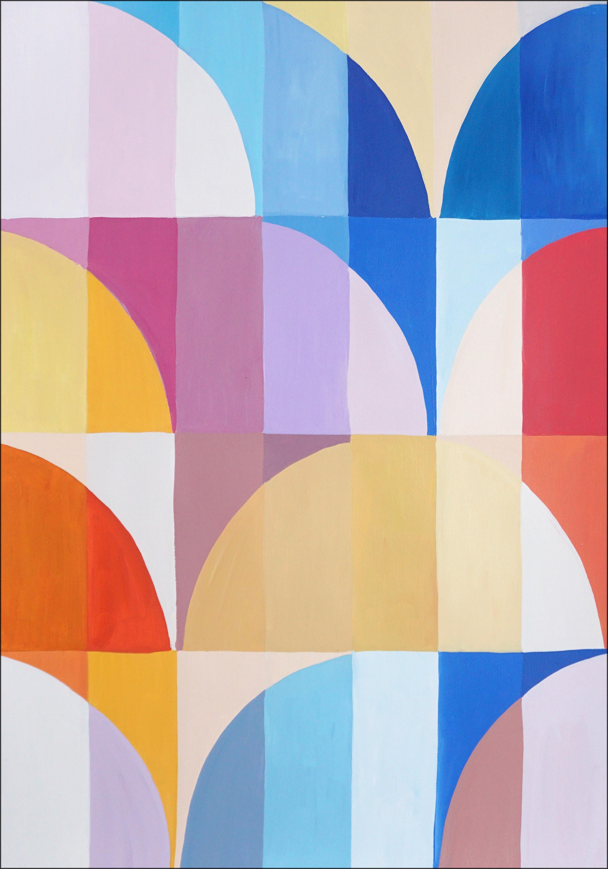 Vista del faro di Portofino, pittura su carta con griglia ad archi Bauhaus dai toni vivaci