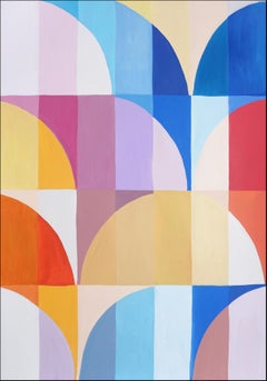 Vista del faro di Portofino, pittura su carta con griglia ad archi Bauhaus dai toni vivaci