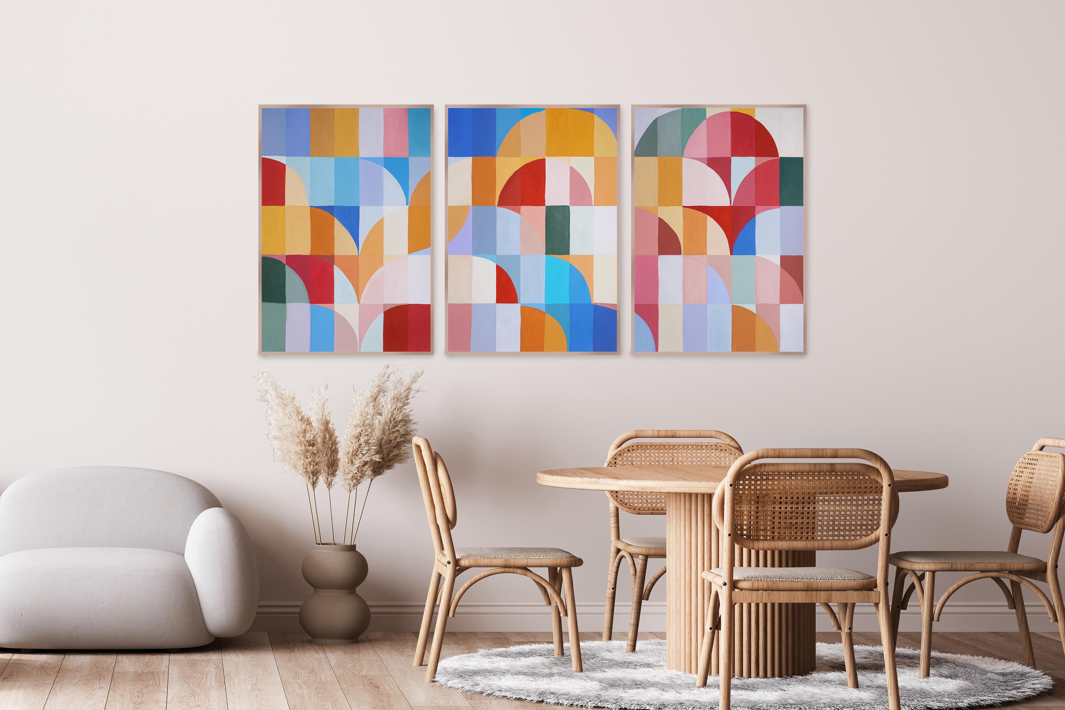 Postal de Palermo, Tríptico de mosaico Bauhaus, Geometría de tonos primarios sobre papel - Painting de Natalia Roman