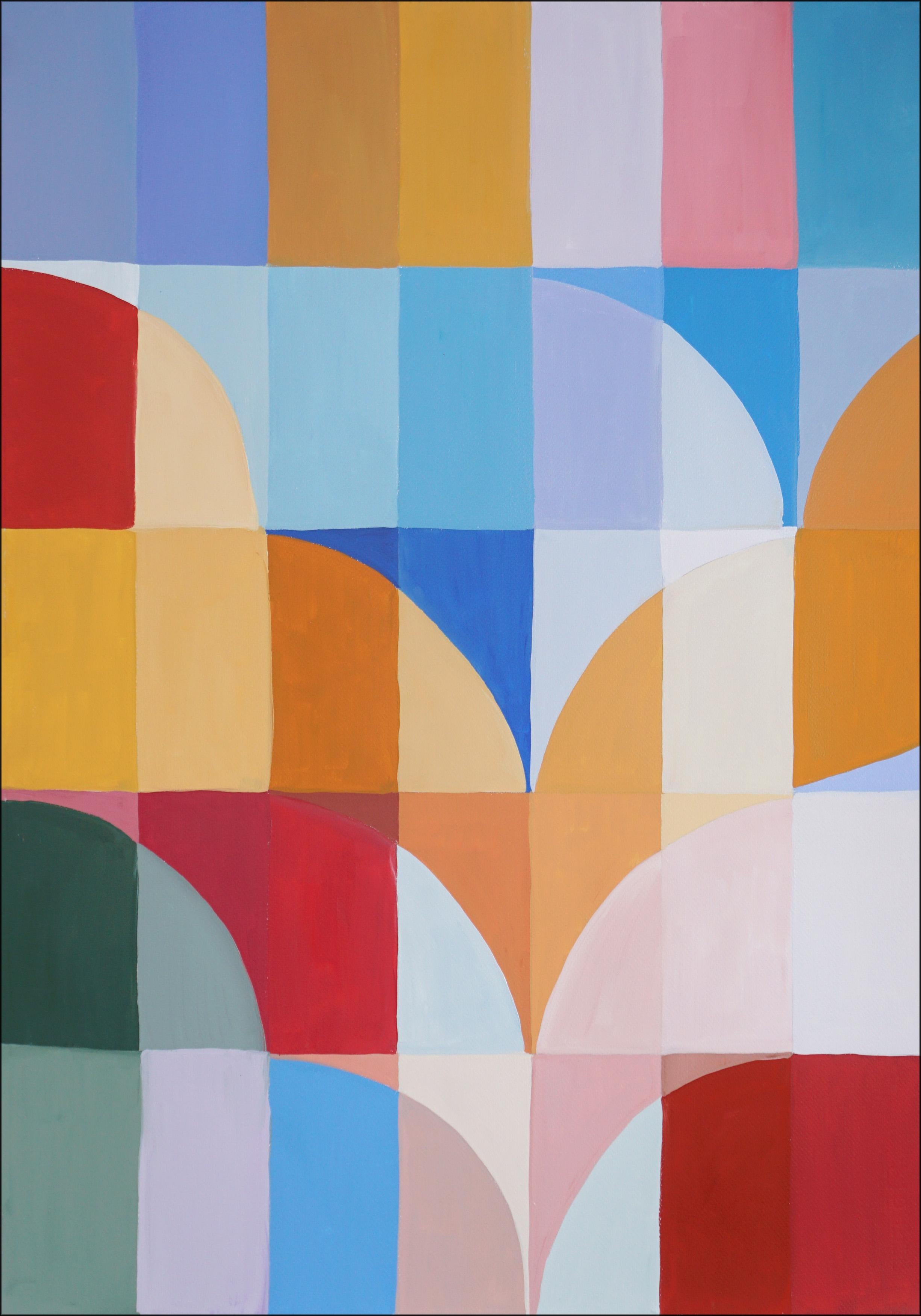 Postal de Palermo, Tríptico de mosaico Bauhaus, Geometría de tonos primarios sobre papel - Painting Cubista analítico de Natalia Roman