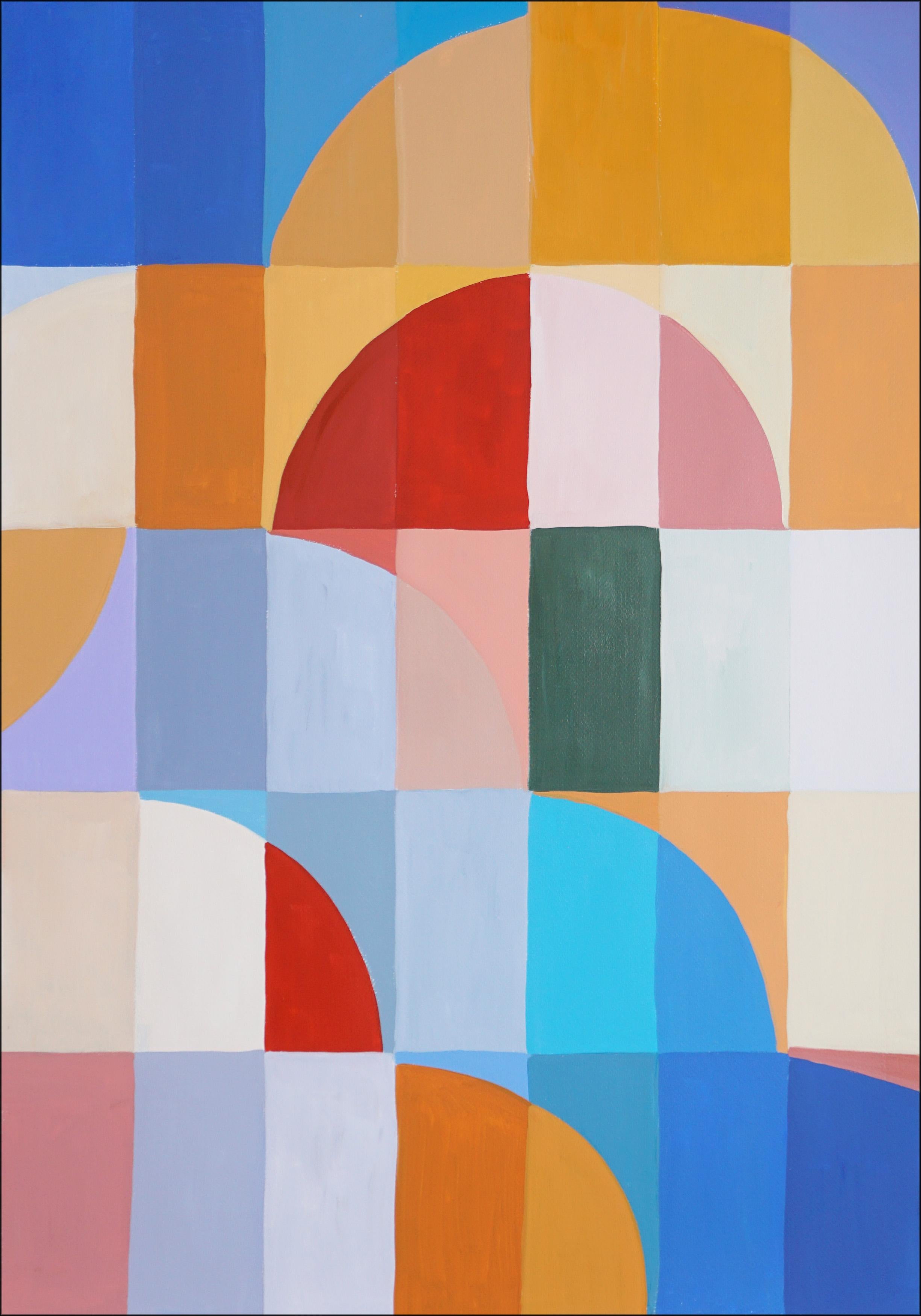 Postal de Palermo, Tríptico de mosaico Bauhaus, Geometría de tonos primarios sobre papel - Landscape Painting Gris de Natalia Roman