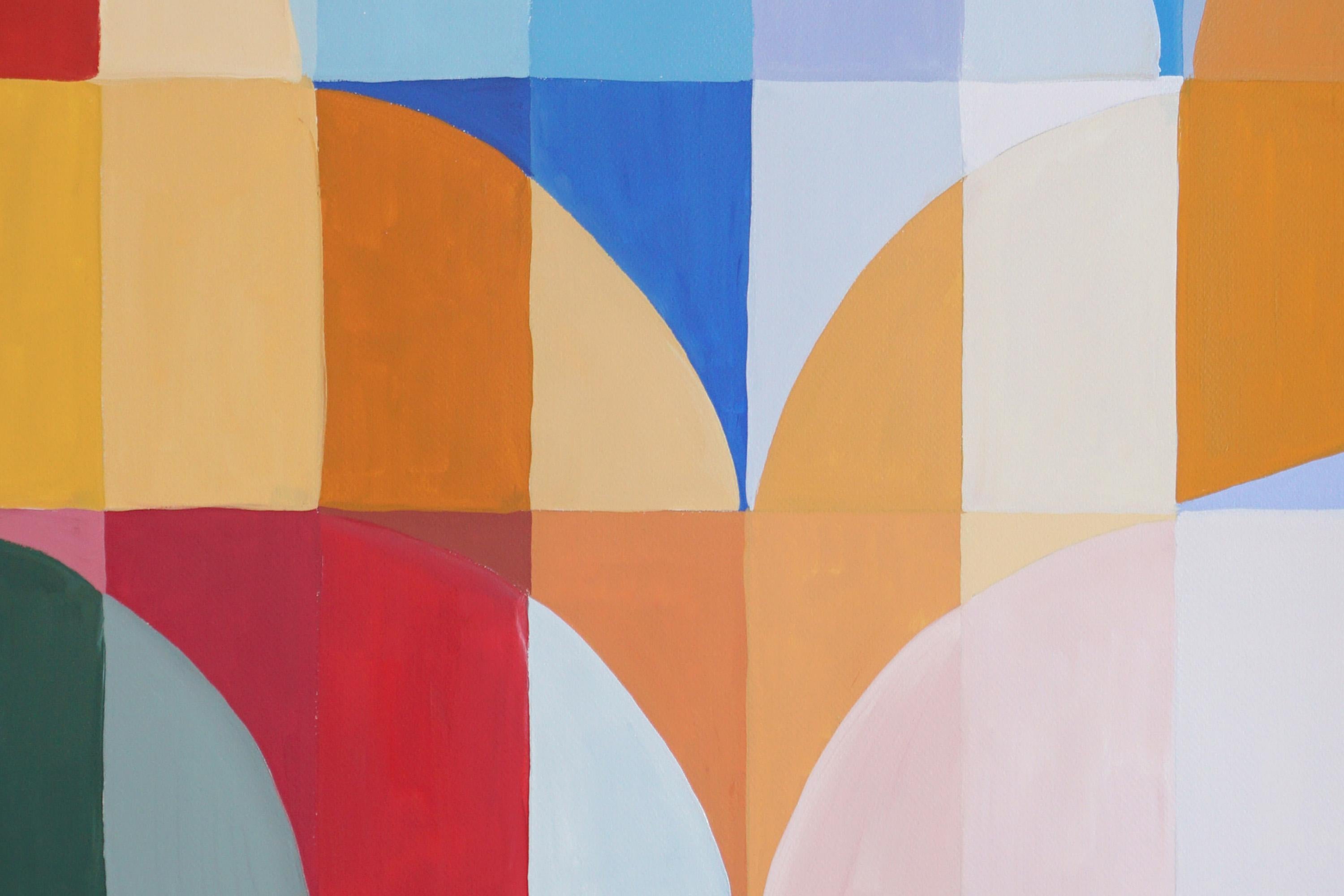 Esta pintura acrílica geométrica abstracta es una composición vibrante y juguetona que se inspira en las sombrillas italianas vintage. Centrado en colores vivos y brillantes y líneas limpias, el cuadro presenta formas y patrones que se entrecruzan y