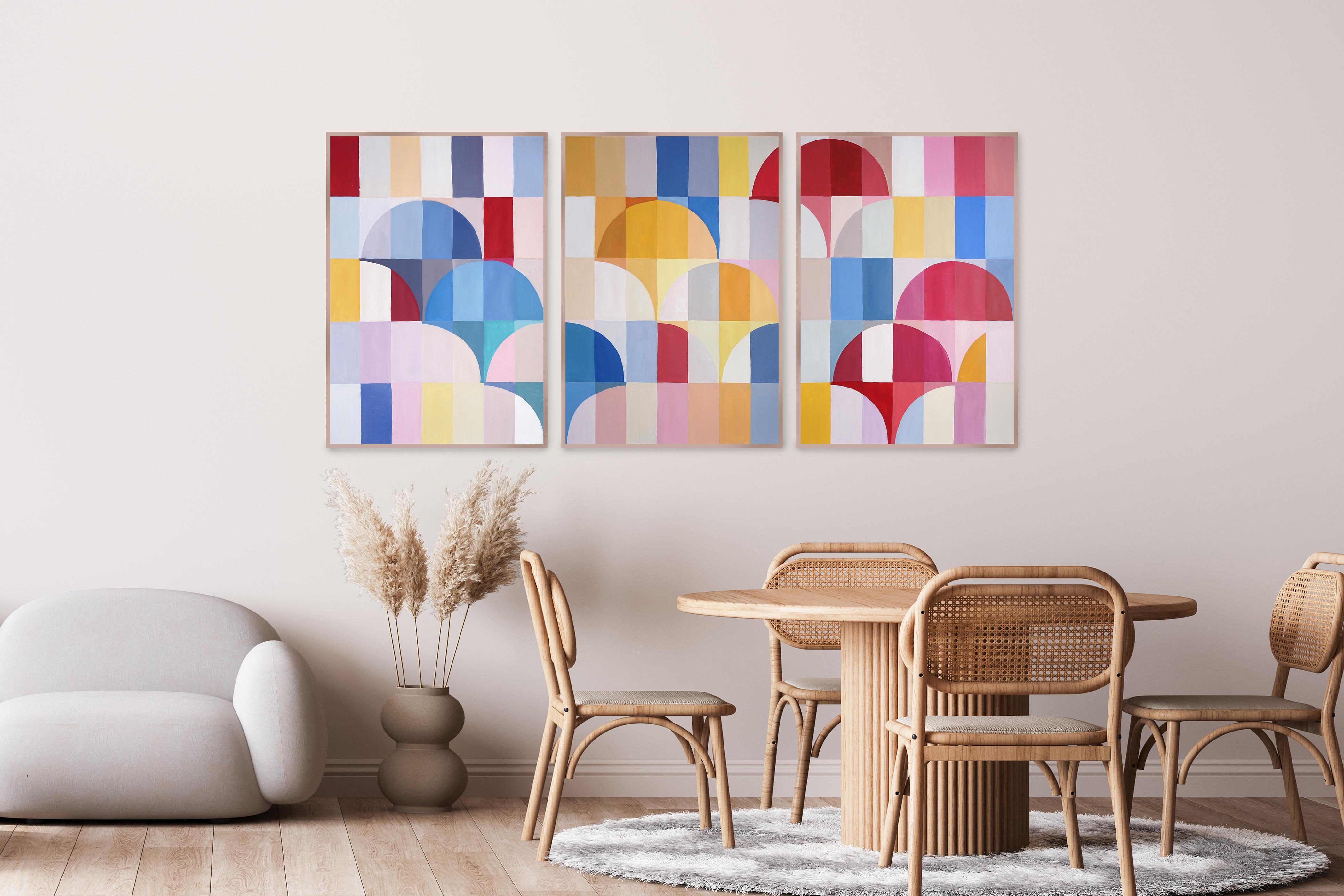 Primary Arcs and Curves, Red, Yellow, Blue Bauhaus Patterns, Abstract Geometry - Painting by Natalia Roman