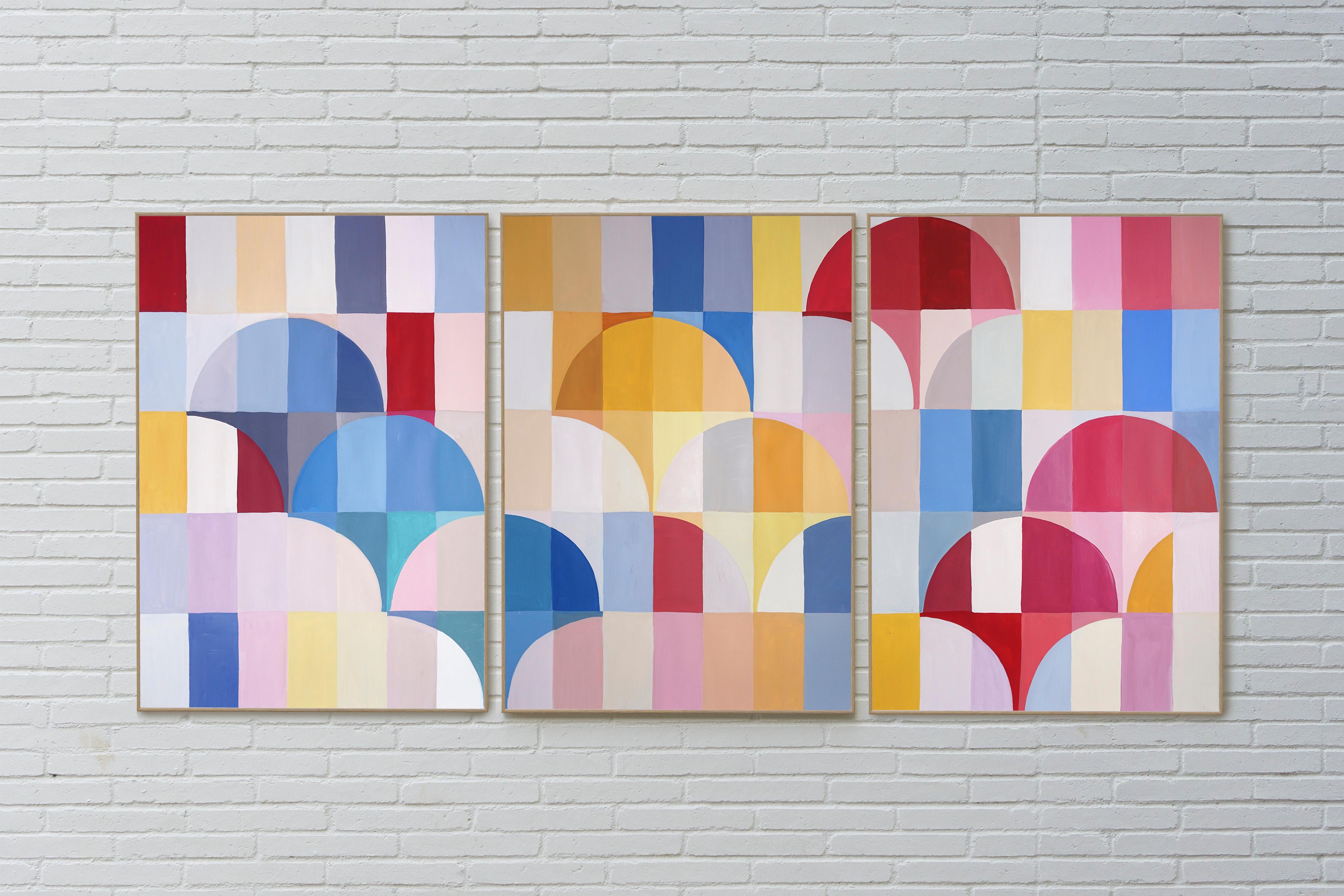 Primary Arcs and Curves, Red, Yellow, Blue Bauhaus Patterns, Abstract Geometry - Gray Landscape Painting by Natalia Roman