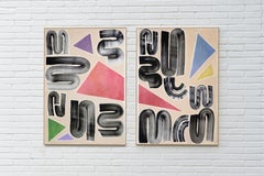 Primary Colors and Primary Shapes Diptych, Retro Futuristic Painting on Paper