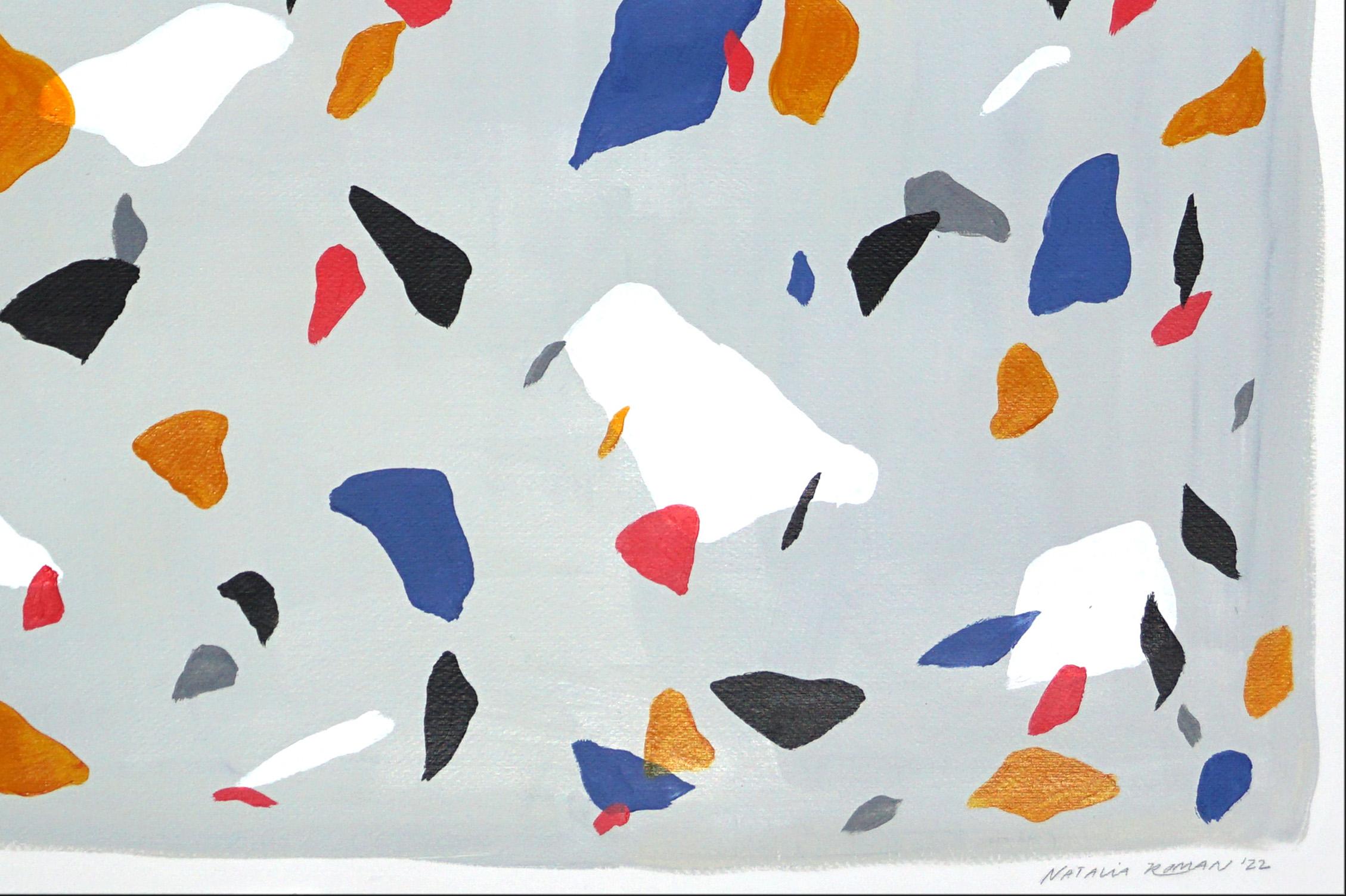 Die Grundfarben auf grauem Terrazzo, Quadratisches Gemälde auf Aquarellpapier, Minimalismus (Abstrakter Impressionismus), Painting, von Natalia Roman