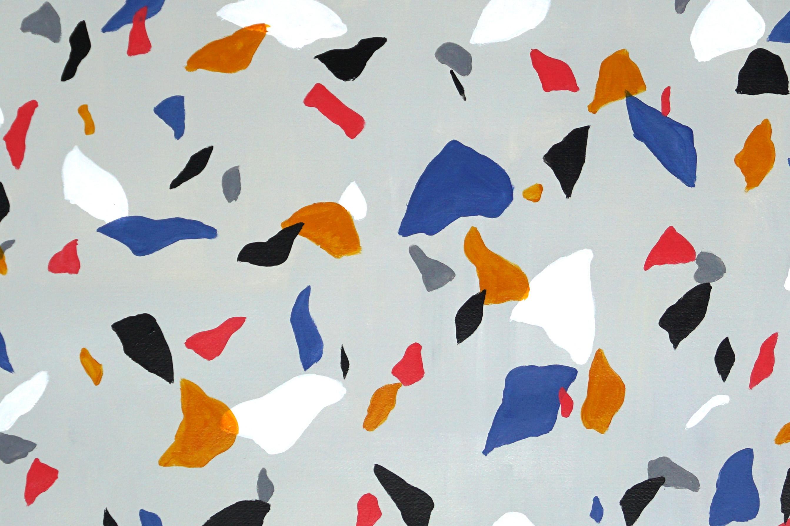 Die Grundfarben auf grauem Terrazzo, Quadratisches Gemälde auf Aquarellpapier, Minimalismus (Grau), Still-Life Painting, von Natalia Roman