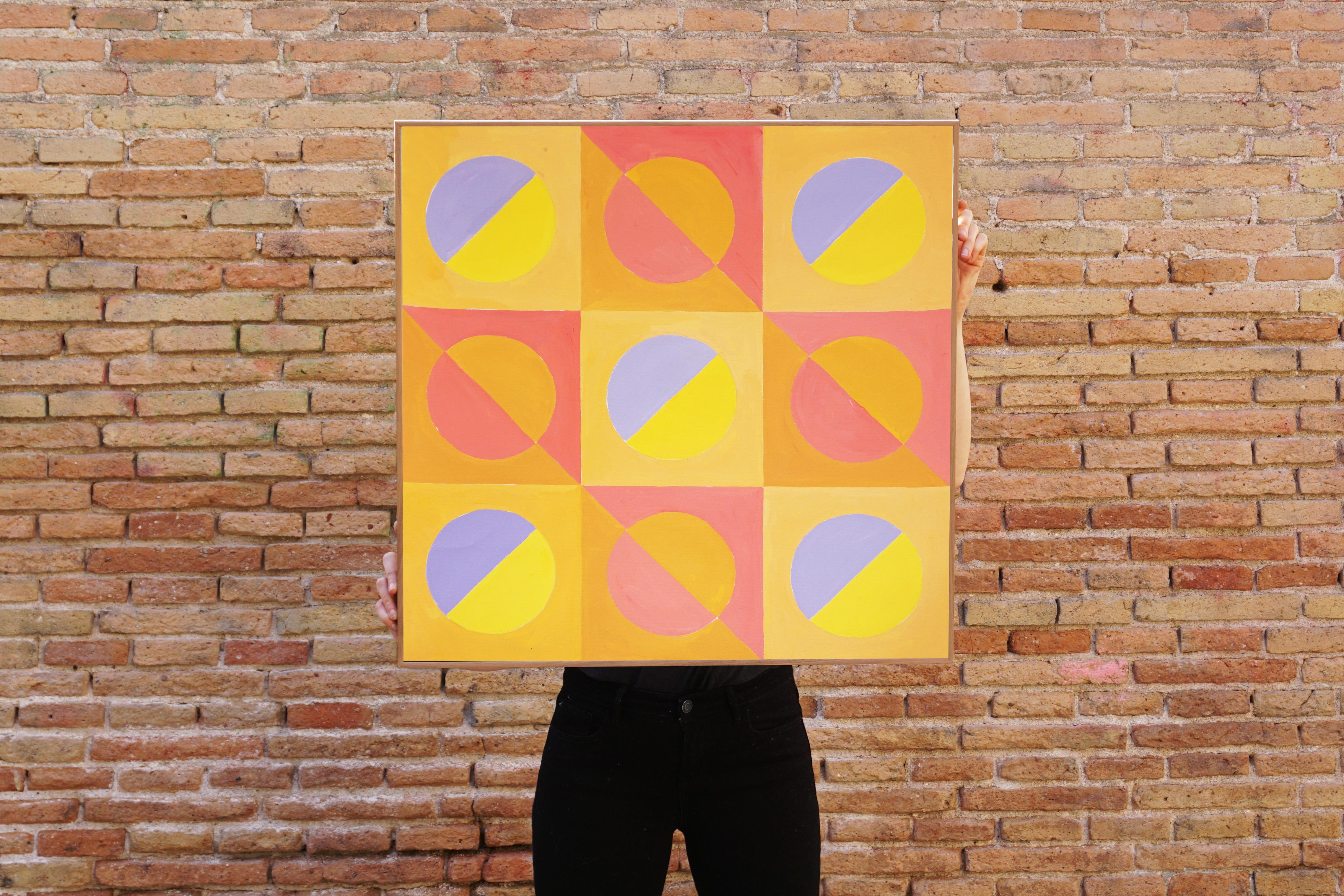 Primary Geometry Bauhaus Gems, Yellow, Purple, Pink Checker Pattern Squared Grid - Orange Abstract Painting by Natalia Roman