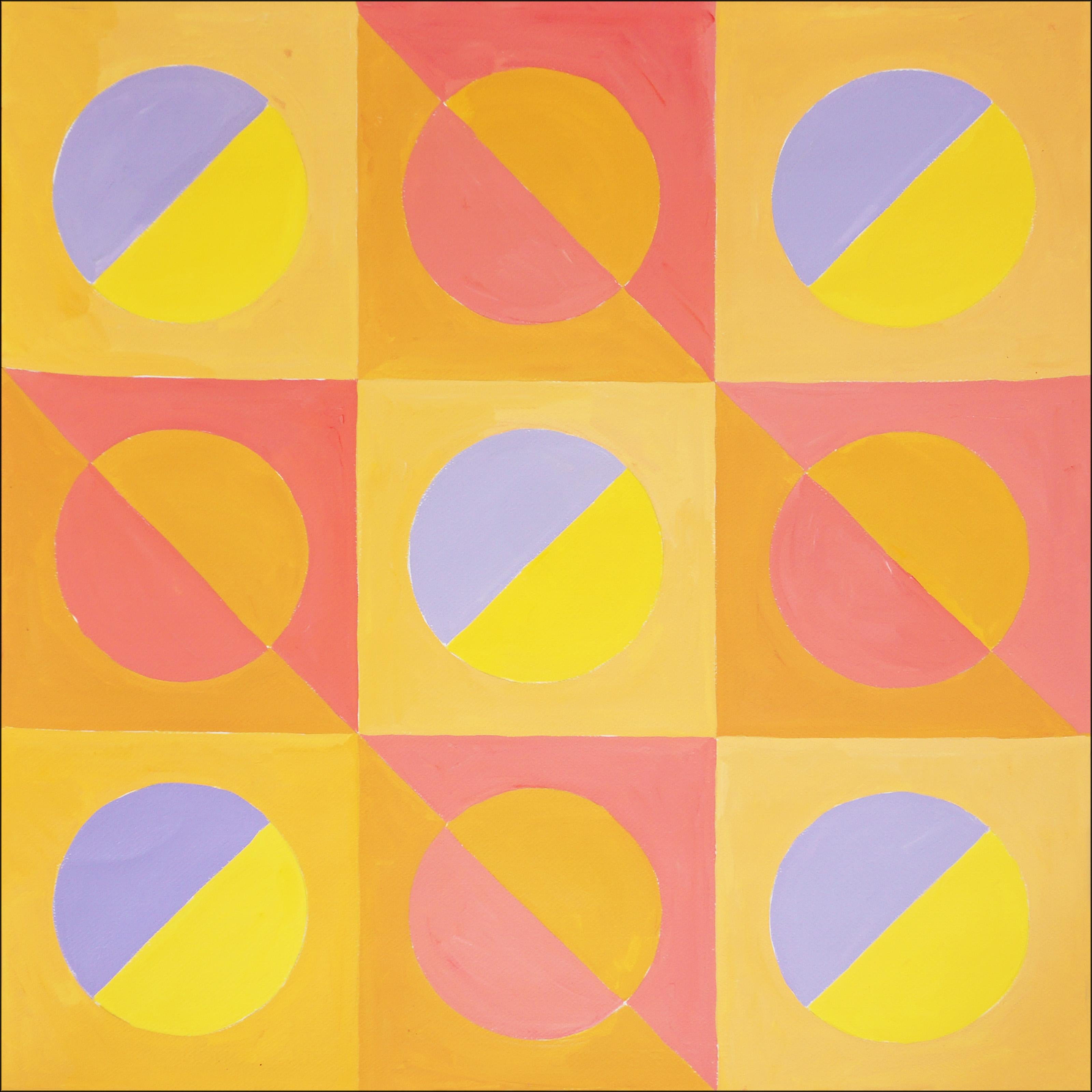 Natalia Roman Abstract Painting - Primary Geometry Bauhaus Gems, Yellow, Purple, Pink Checker Pattern Squared Grid