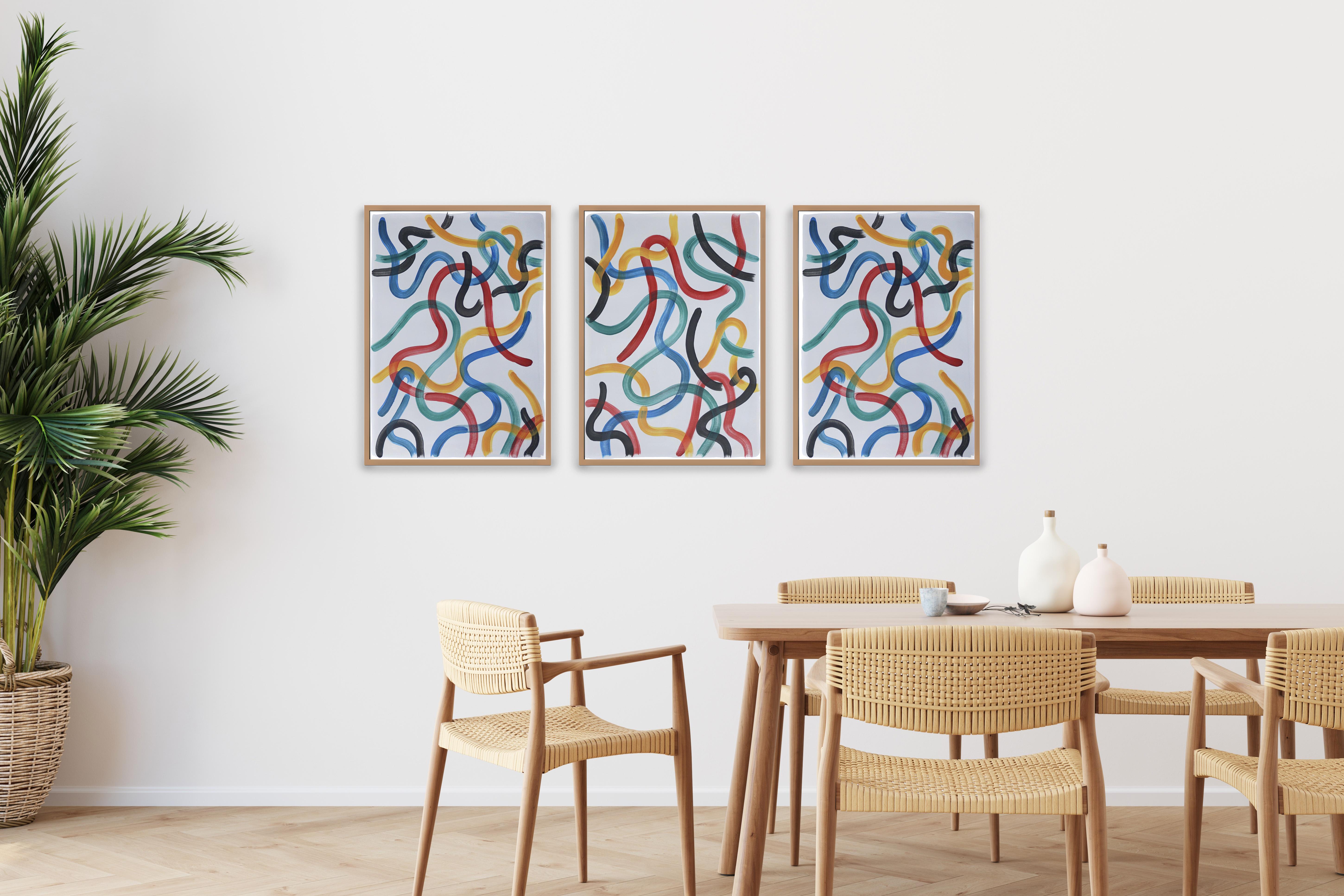 Primary Swirls on Neutral Gray, Abstract Brush Strokes Gestures, Triptych, Red - Painting by Natalia Roman
