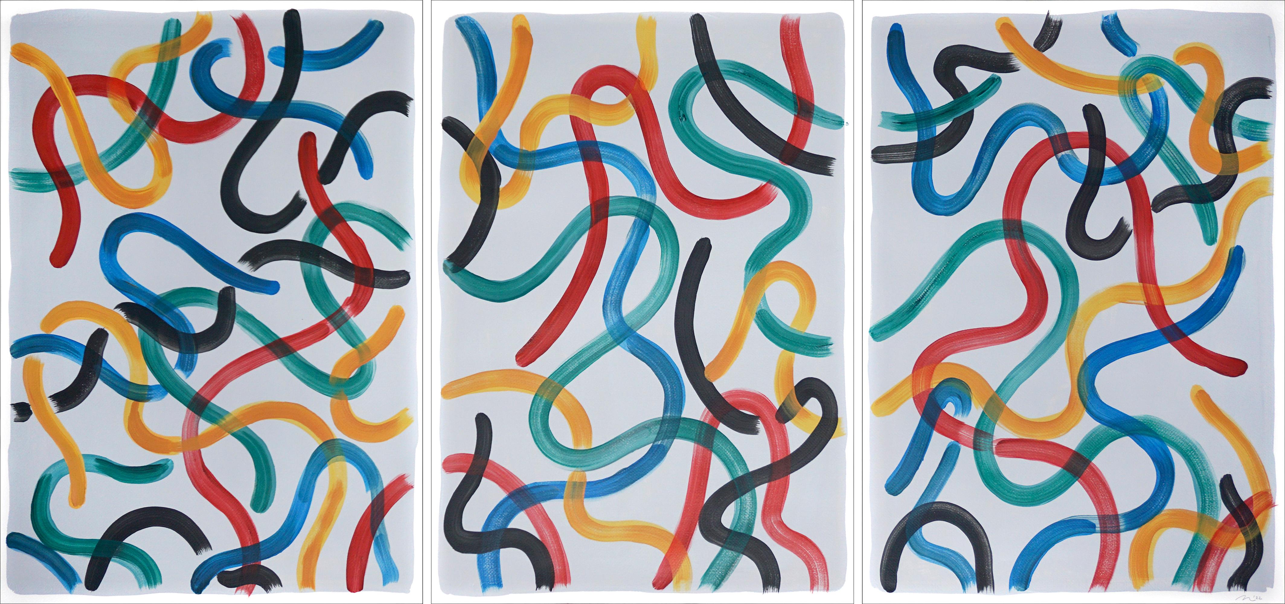 Natalia Roman Abstract Painting - Primary Swirls on Neutral Gray, Abstract Brush Strokes Gestures, Triptych, Red