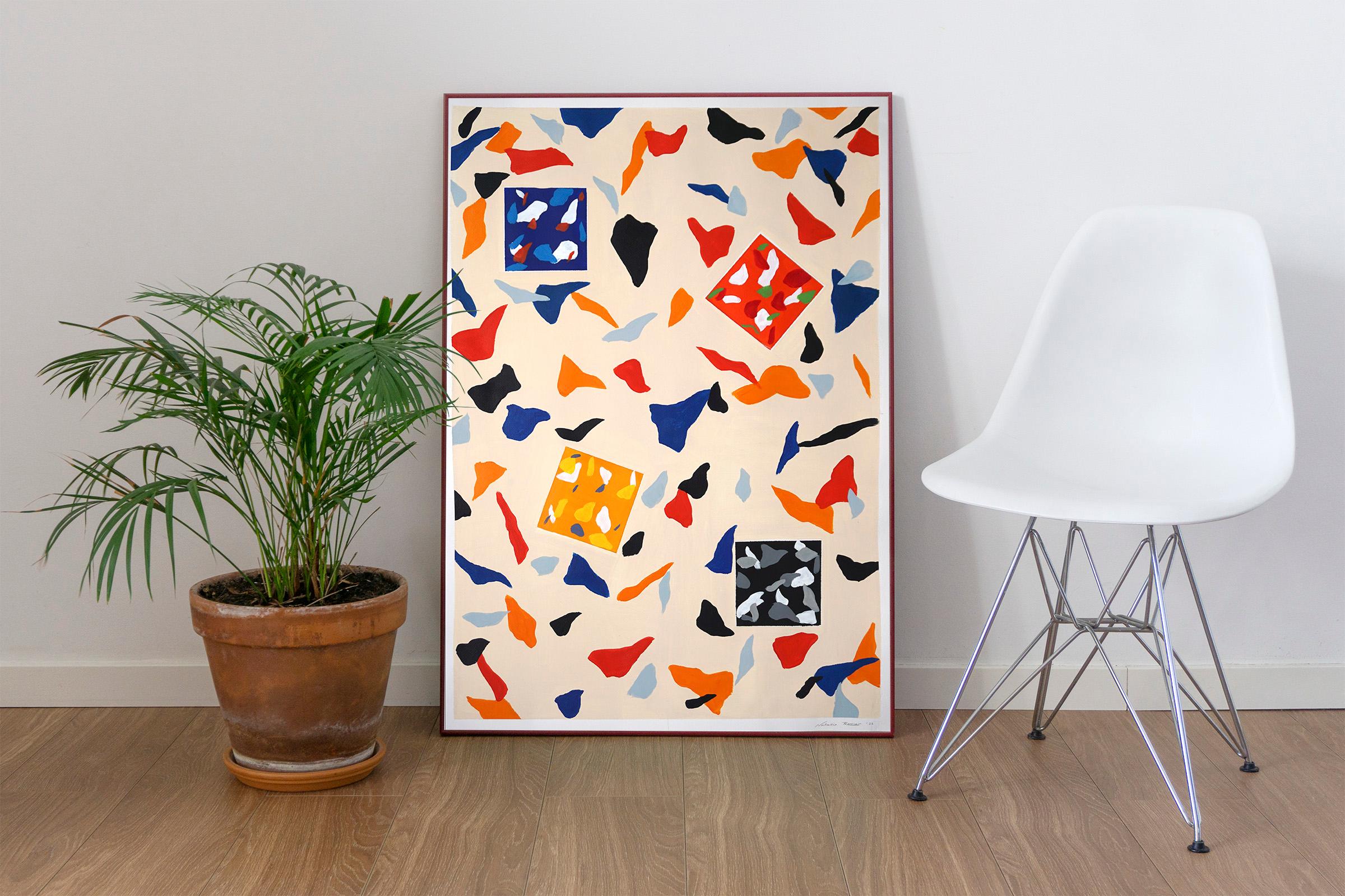Primary Tones and Shapes De Stijl Terrazzo on Cream, Abstract Geometric Patterns - Painting by Natalia Roman