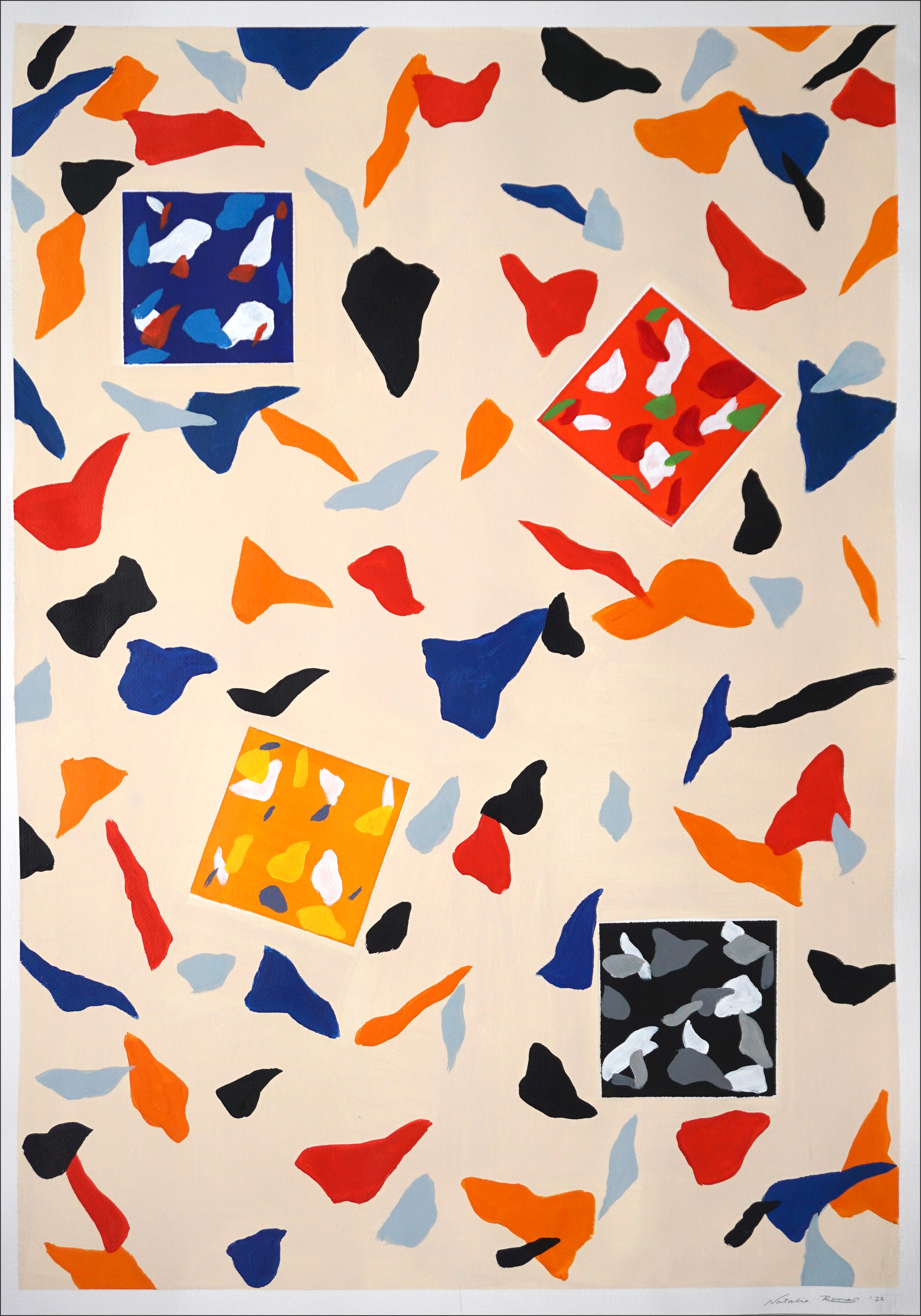 Natalia Roman Still-Life Painting - Primary Tones and Shapes De Stijl Terrazzo on Cream, Abstract Geometric Patterns