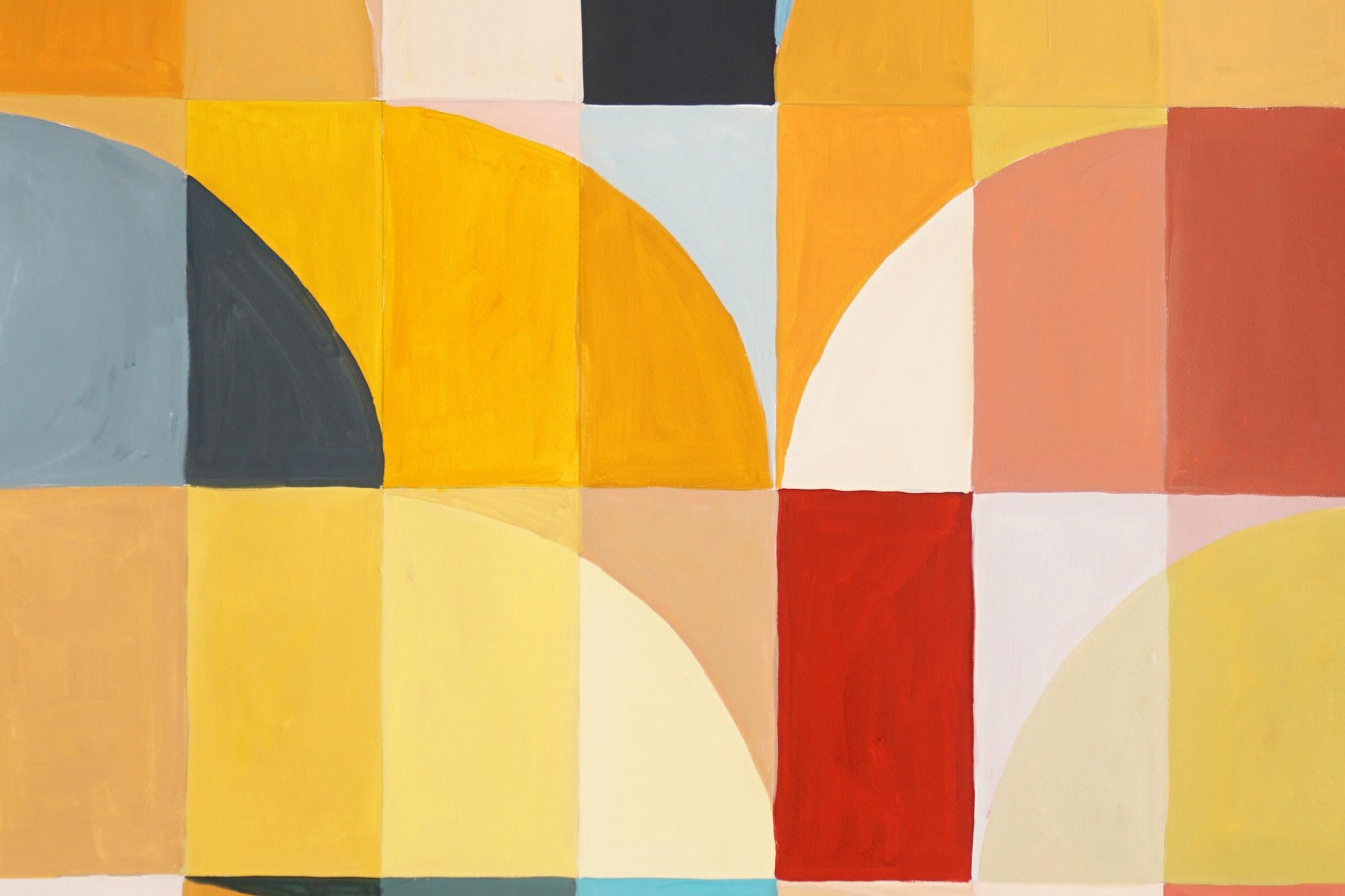 Primary Tones Arcs & Curves, Yellow, Blue and Red Bauhaus Grid, Large Triptych 6