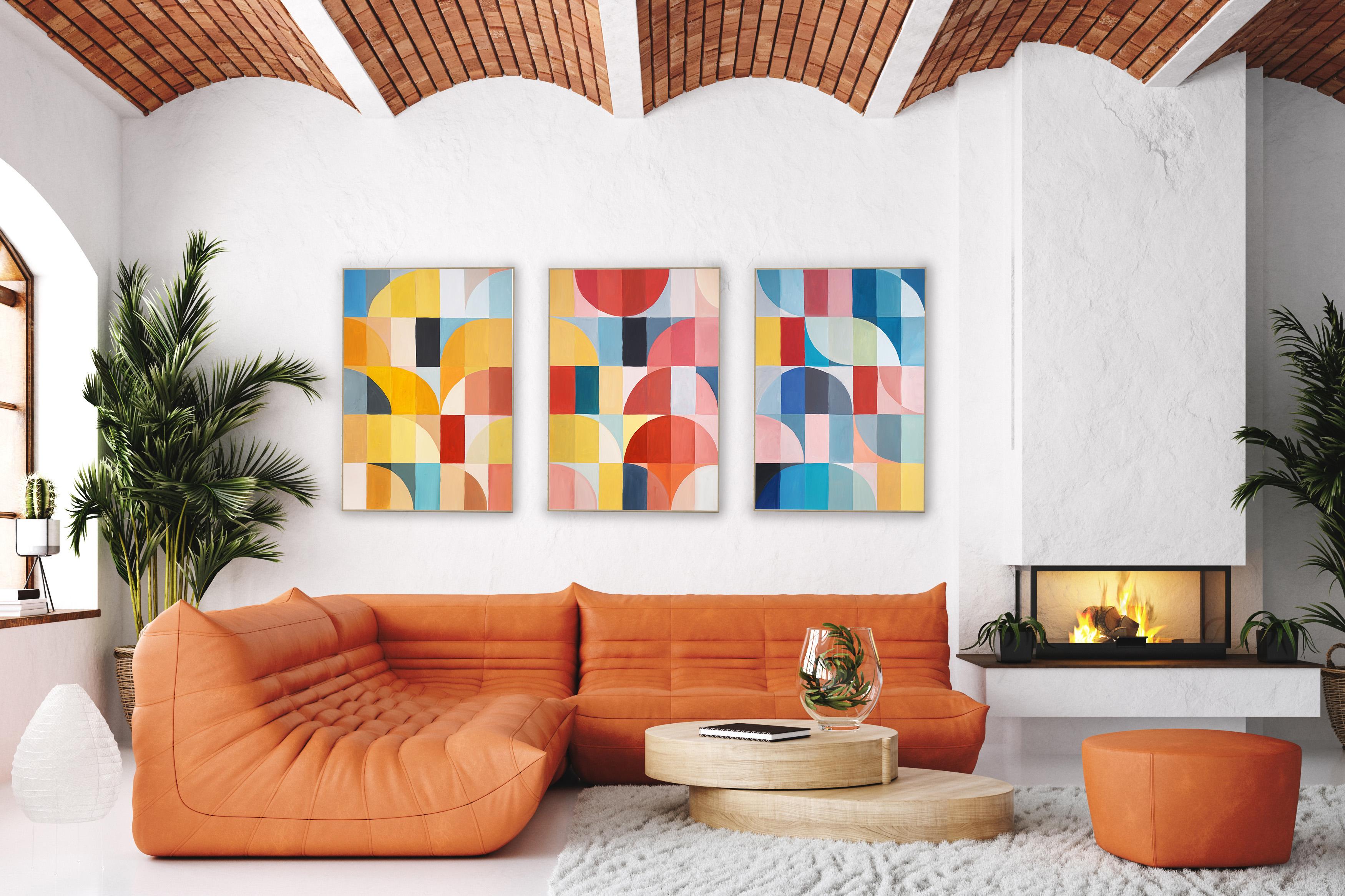 Primary Tones Arcs & Curves, Yellow, Blue and Red Bauhaus Grid, Large Triptych - Painting by Natalia Roman