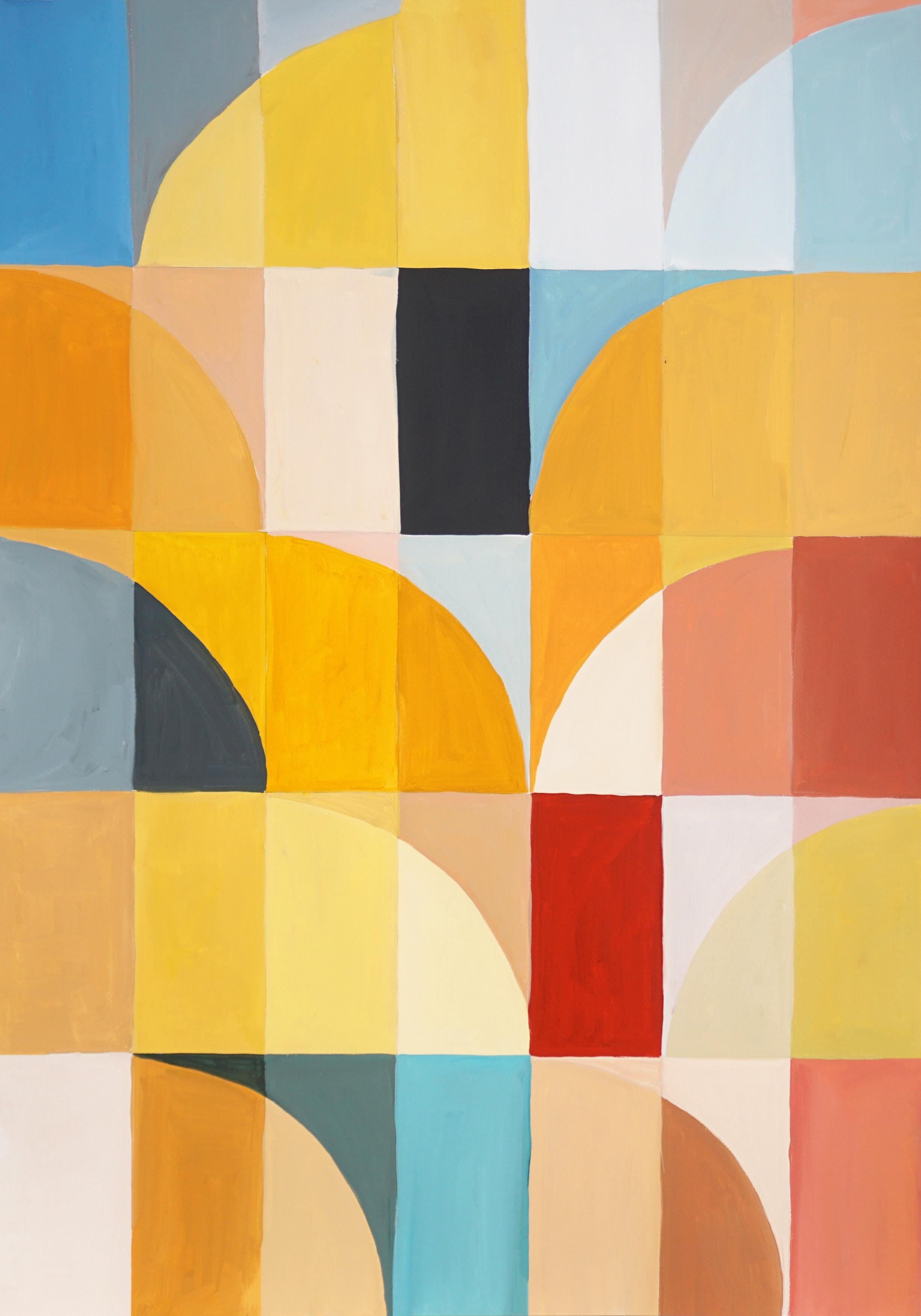 Primary Tones Arcs & Curves, Yellow, Blue and Red Bauhaus Grid, Large Triptych - Abstract Geometric Painting by Natalia Roman
