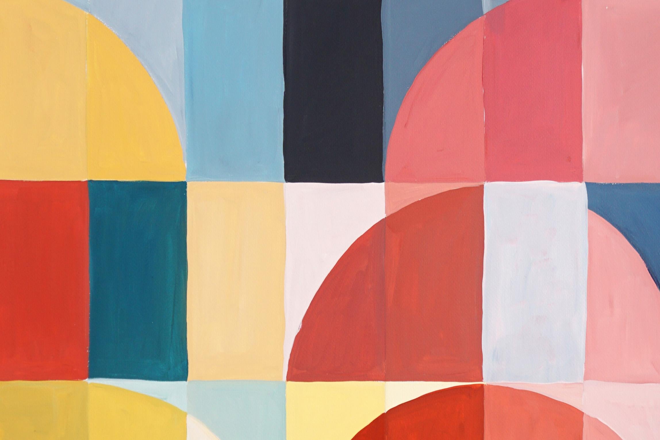 Primary Tones Arcs & Curves, Yellow, Blue and Red Bauhaus Grid, Large Triptych 3