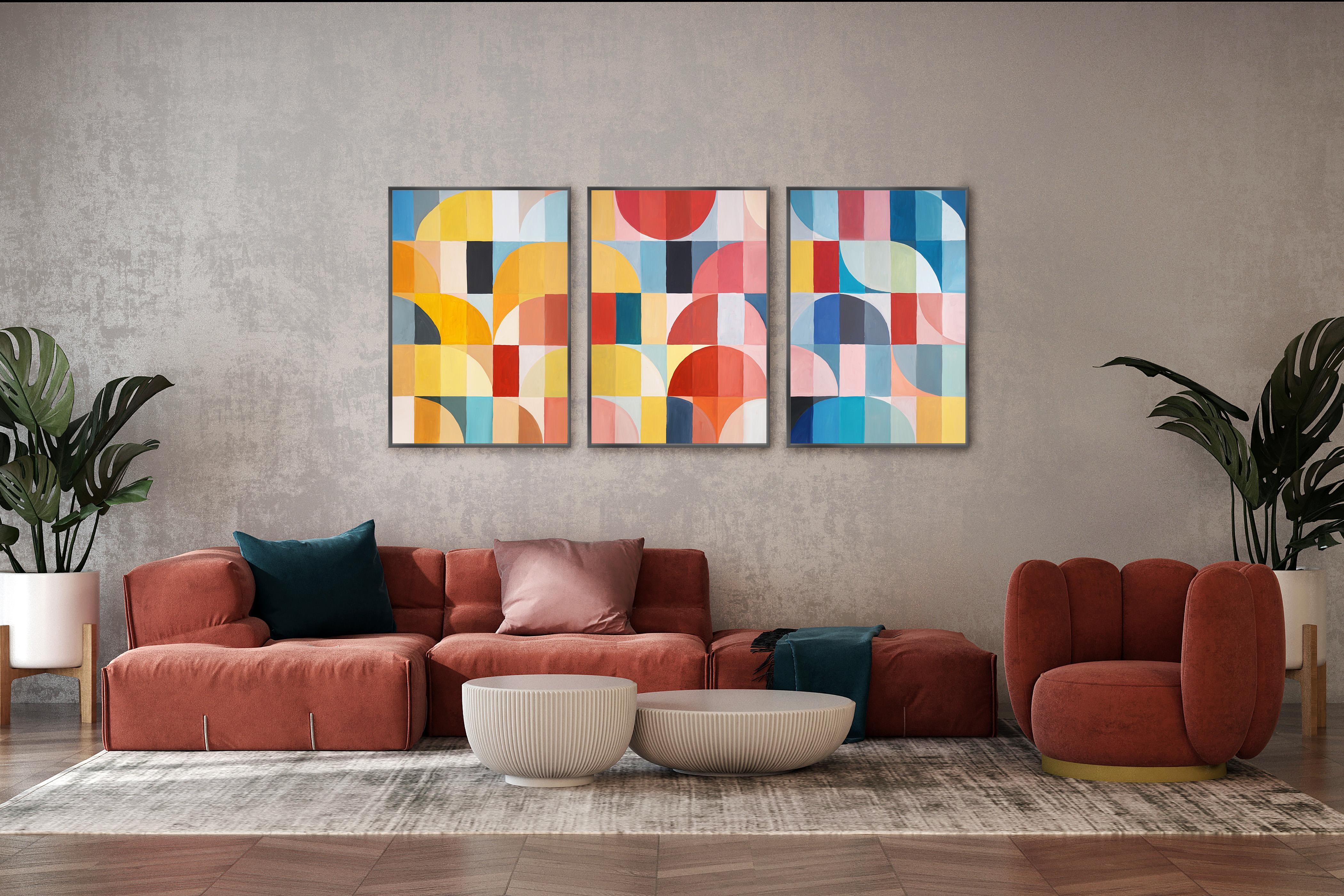 Primary Tones Arcs & Curves, Yellow, Blue and Red Bauhaus Grid, Large Triptych 4