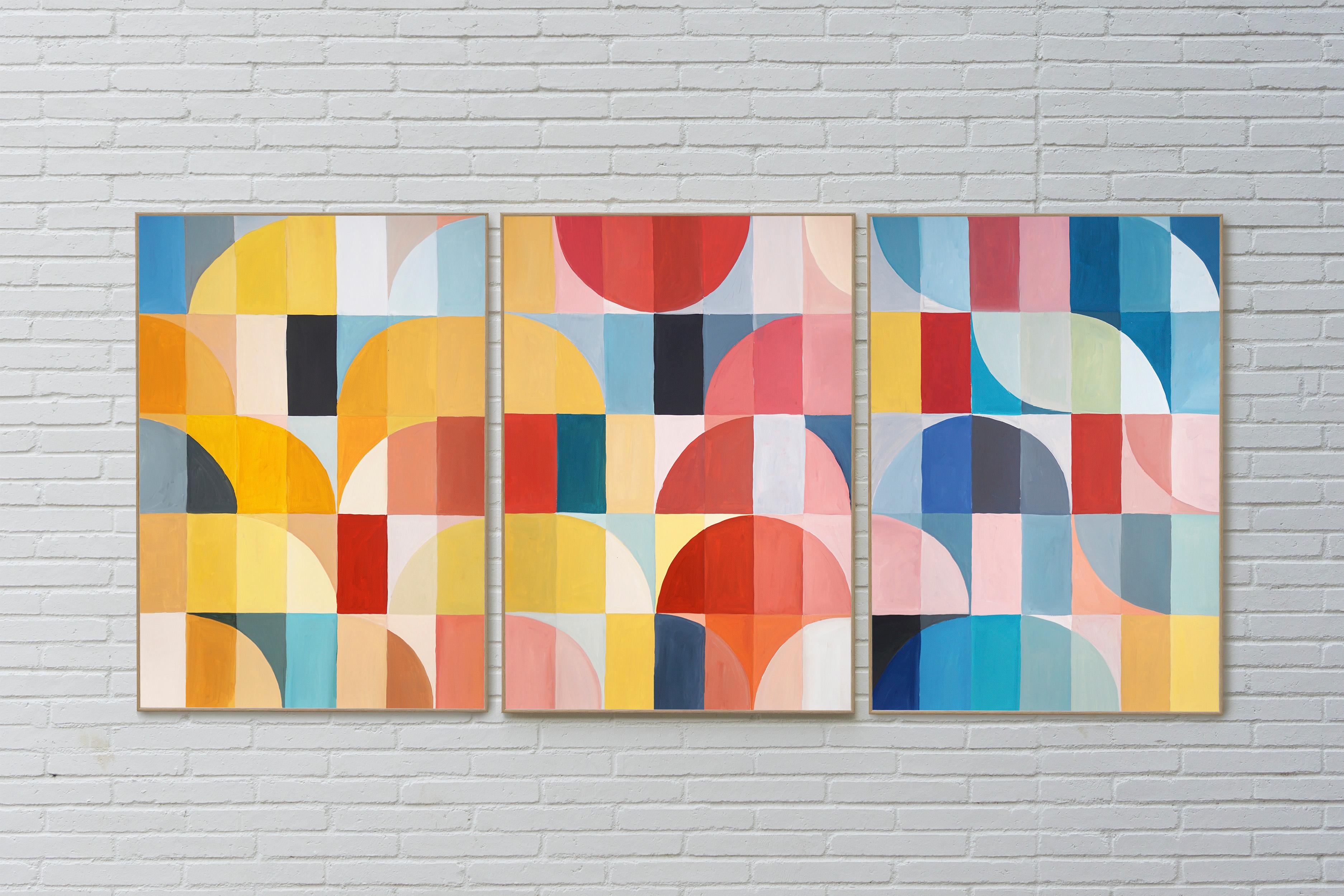 Primary Tones Arcs & Curves, Yellow, Blue and Red Bauhaus Grid, Large Triptych 5