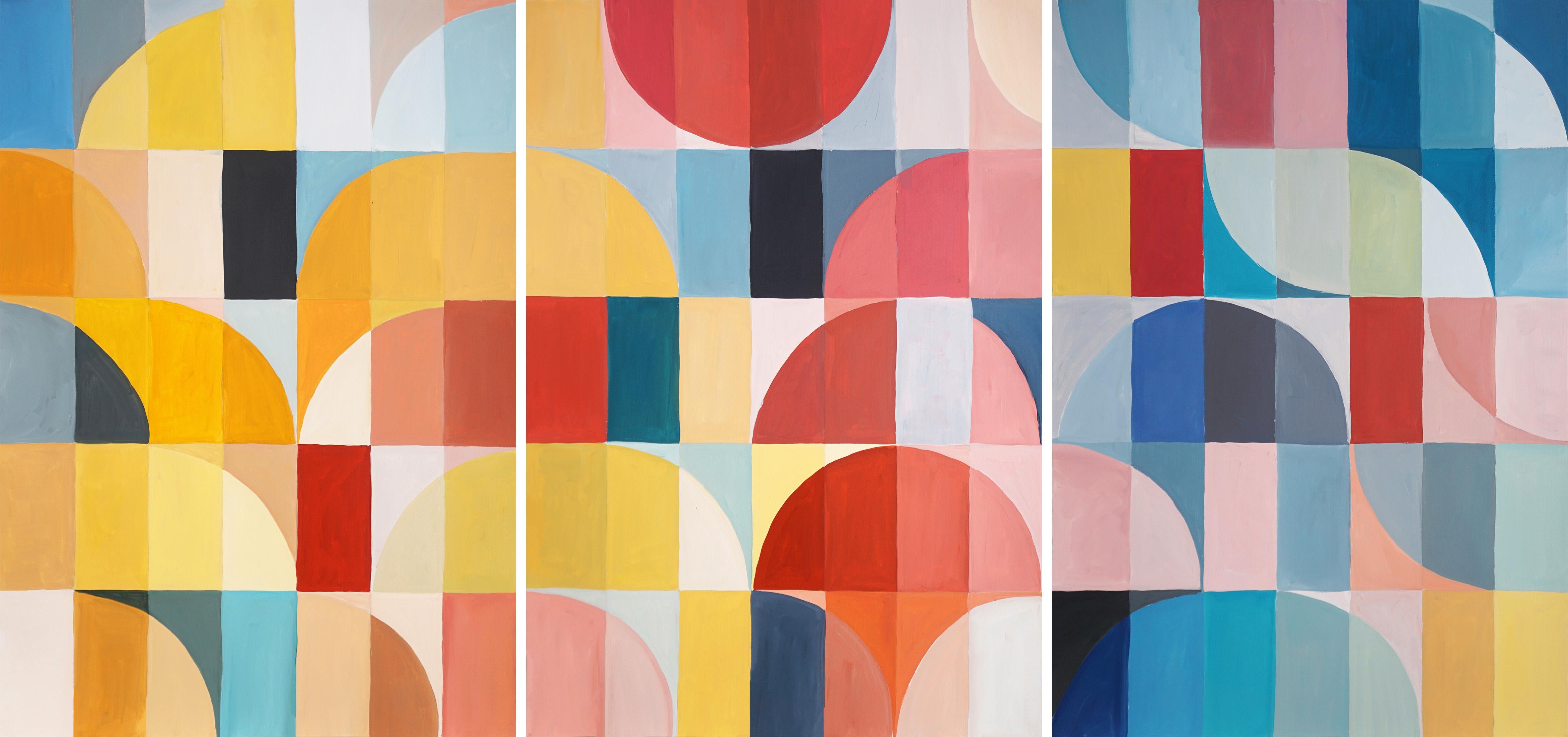 Natalia Roman Landscape Painting - Primary Tones Arcs & Curves, Yellow, Blue and Red Bauhaus Grid, Large Triptych