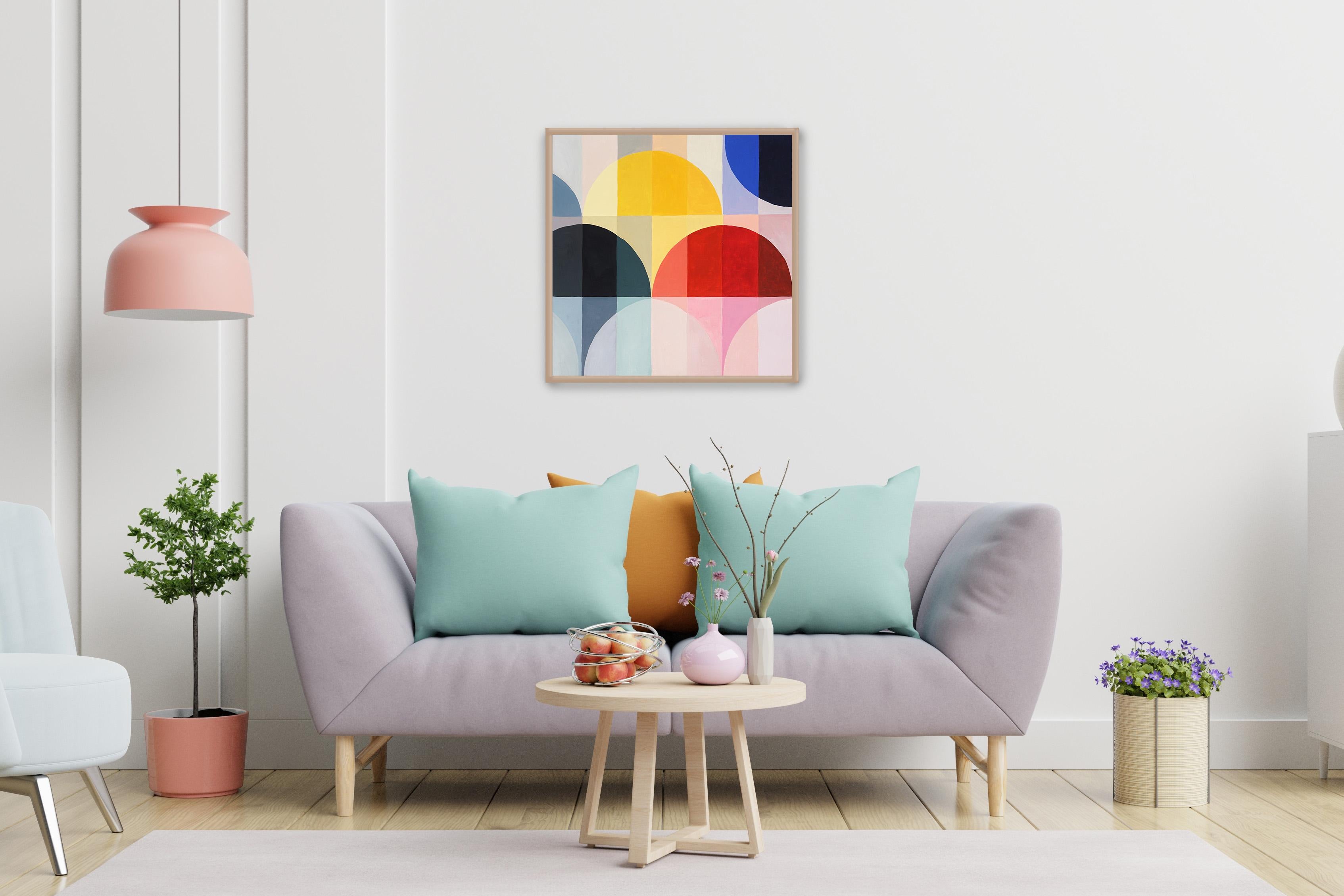 Questo quadro geometrico astratto in acrilico è una composizione vivace e giocosa che trae ispirazione dagli ombrellini italiani vintage. Con un'attenzione particolare ai colori vivaci e brillanti e alle linee pulite, il dipinto presenta forme e