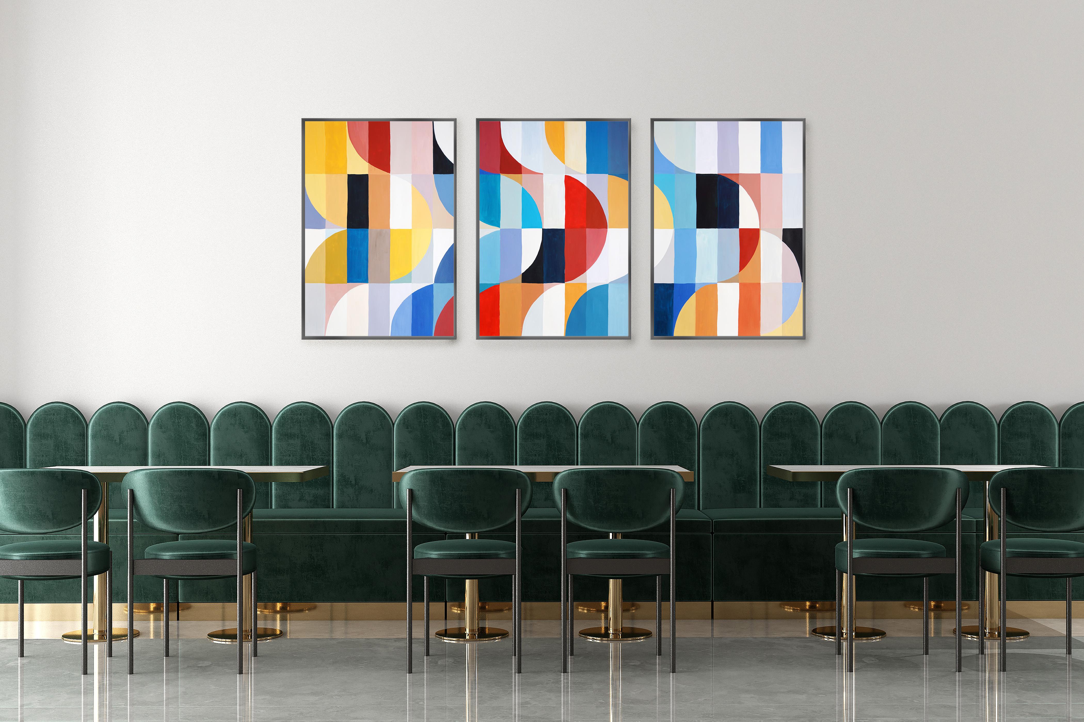 Tonos Primarios Olas Bauhaus, Mosaico Tríptico Arquitectura, Acrílico sobre Papel Trapo - Painting Op Art de Natalia Roman