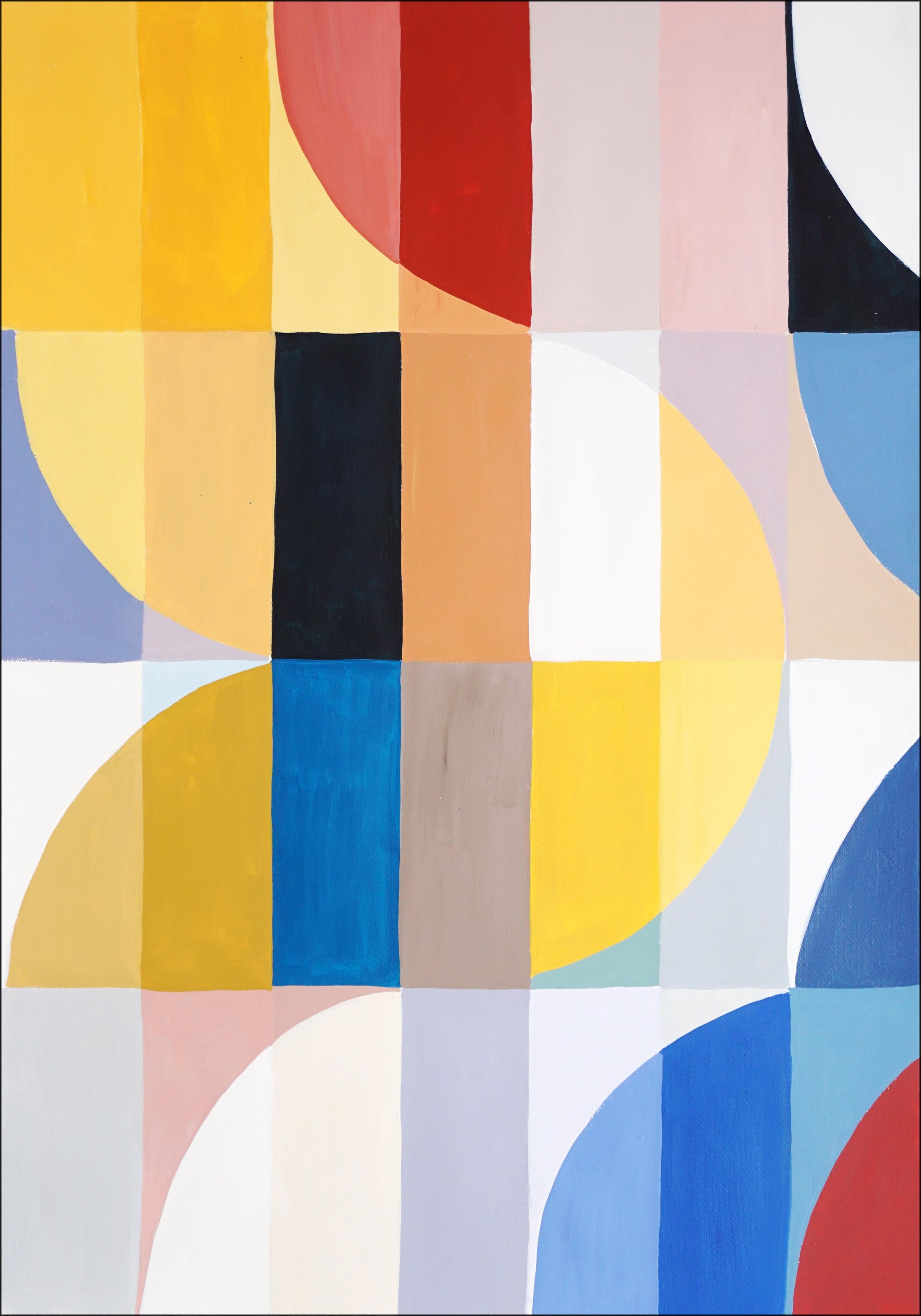 Esta pintura acrílica geométrica abstracta es una composición vibrante y juguetona que se inspira en las sombrillas italianas vintage. Centrado en colores vivos y brillantes y líneas limpias, el cuadro presenta formas y patrones que se entrecruzan y