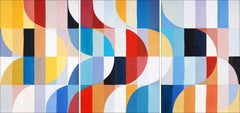 Tonos Primarios Olas Bauhaus, Mosaico Tríptico Arquitectura, Acrílico sobre Papel Trapo