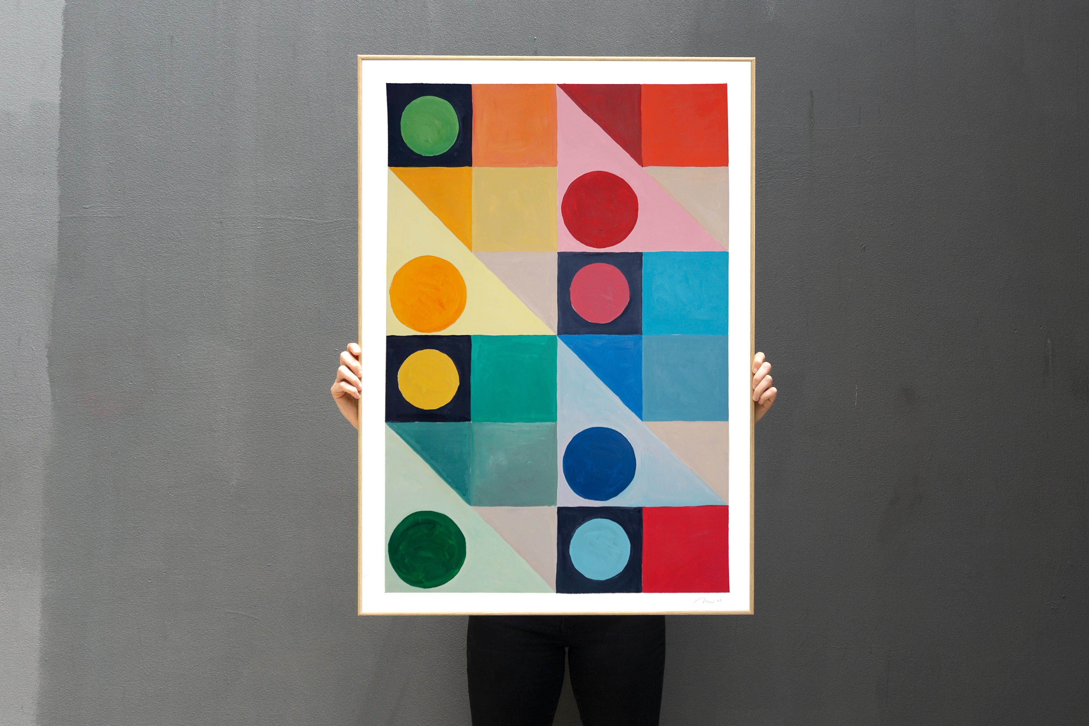 Primary Tones Geometric Rainbow, Vertical CMYK and Circles Squares, Red, Yellow - Painting by Natalia Roman