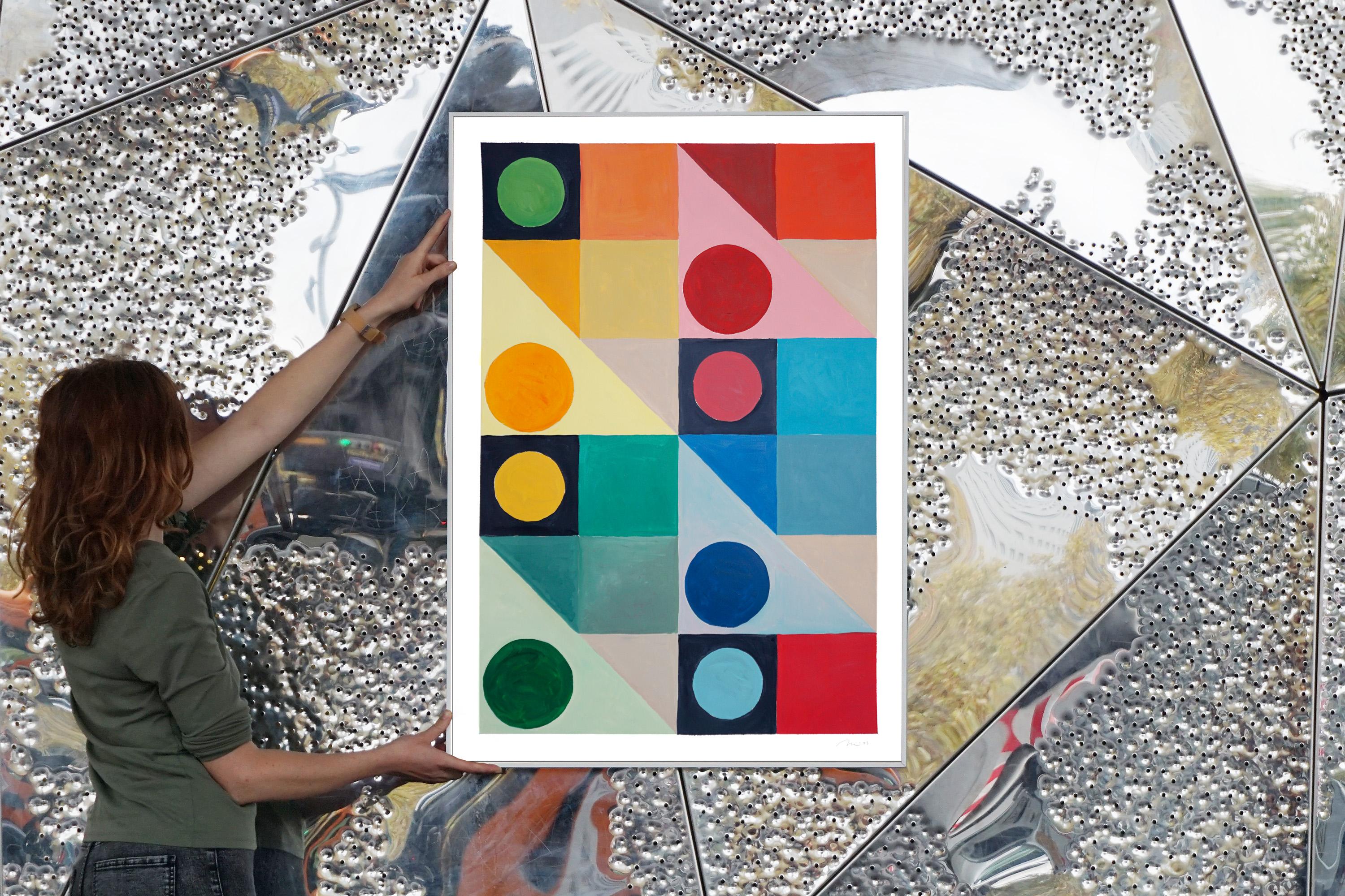 Primary Tones Geometrisches Regenbogen, vertikale CMYK und Kreise Quadrate, Rot, Gelb (Geometrische Abstraktion), Painting, von Natalia Roman