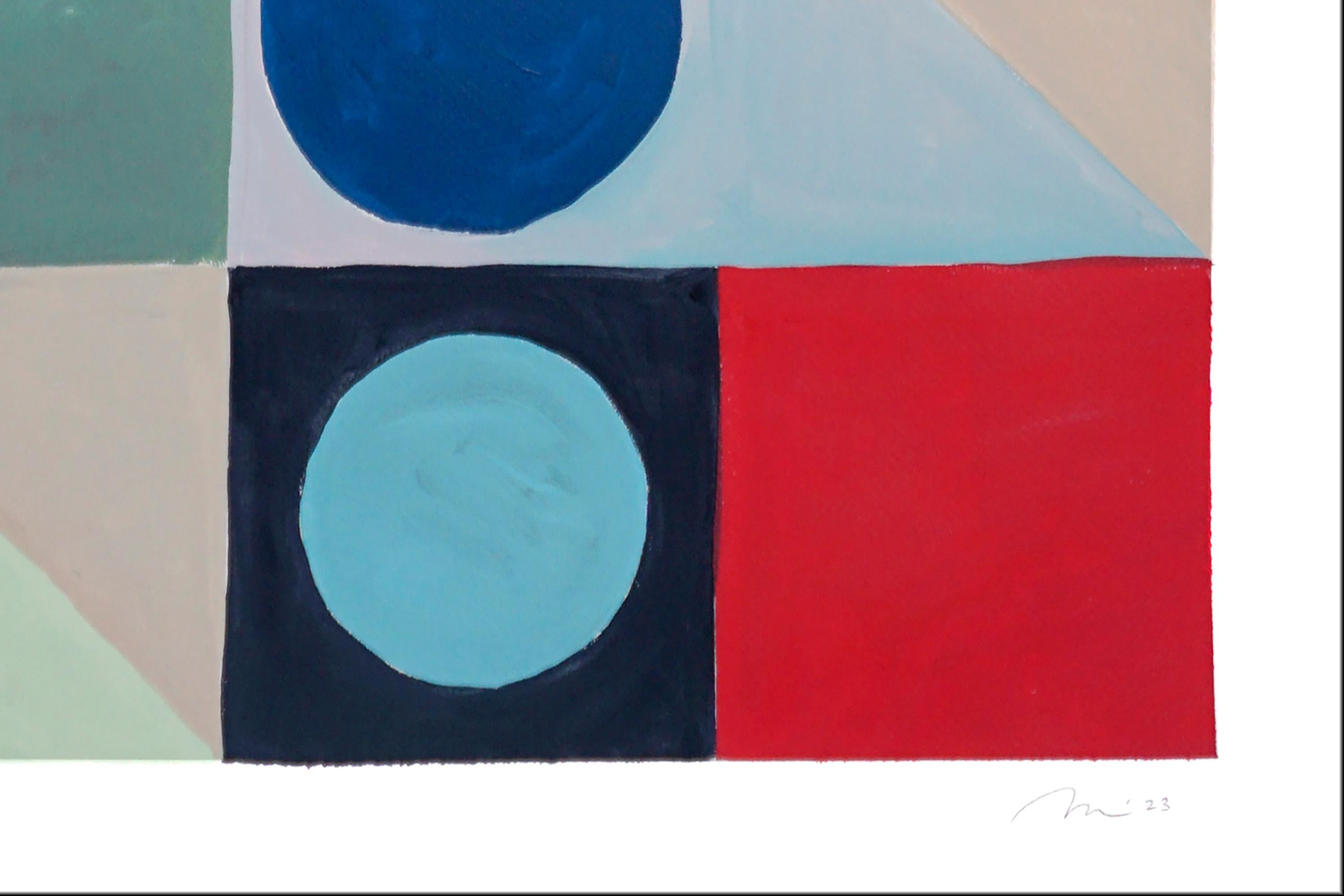 Primary Tones Geometrisches Regenbogen, vertikale CMYK und Kreise Quadrate, Rot, Gelb (Beige), Abstract Painting, von Natalia Roman