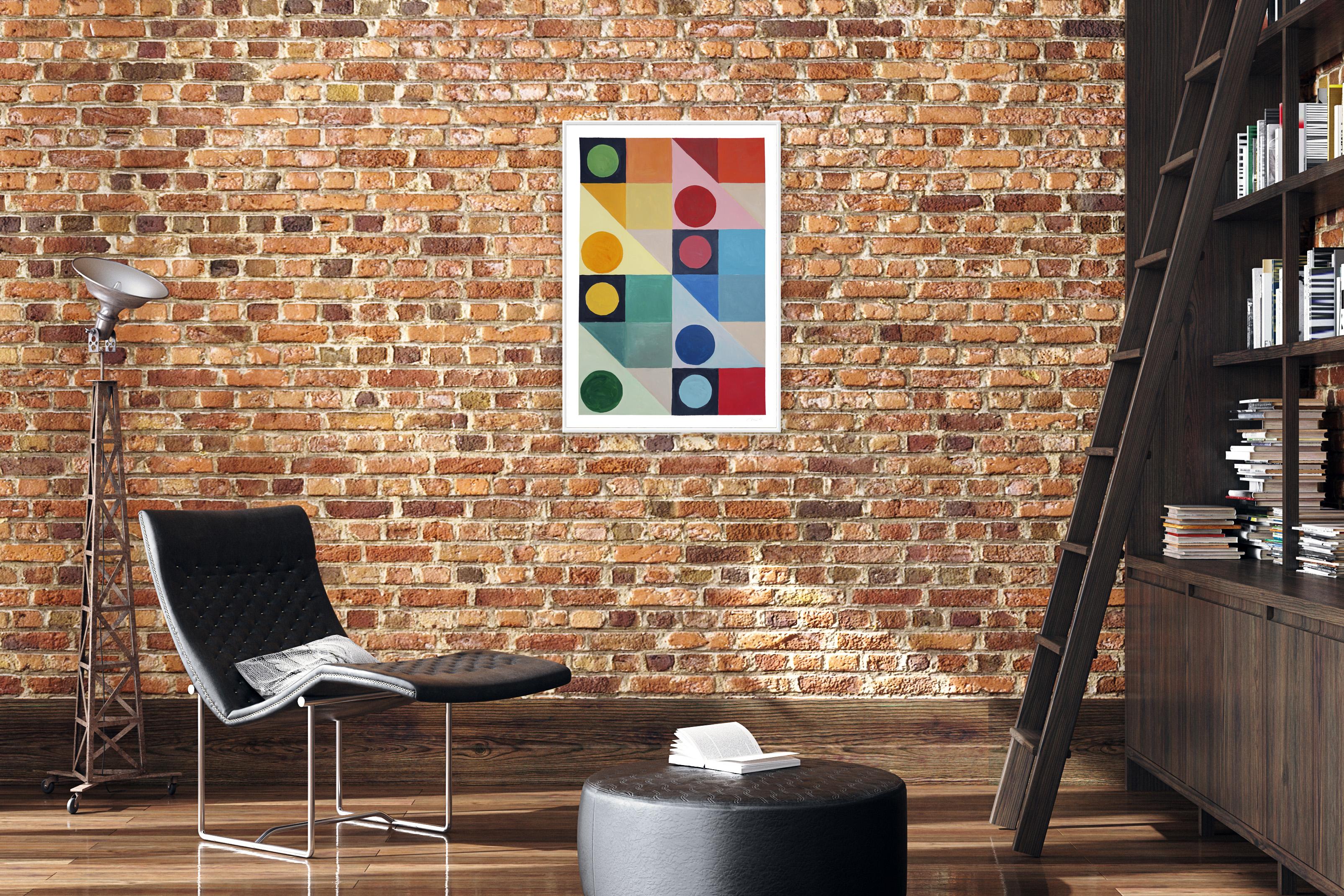 Primary Tones Geometric Rainbow, Vertical CMYK and Circles Squares, Red, Yellow - Beige Abstract Painting by Natalia Roman