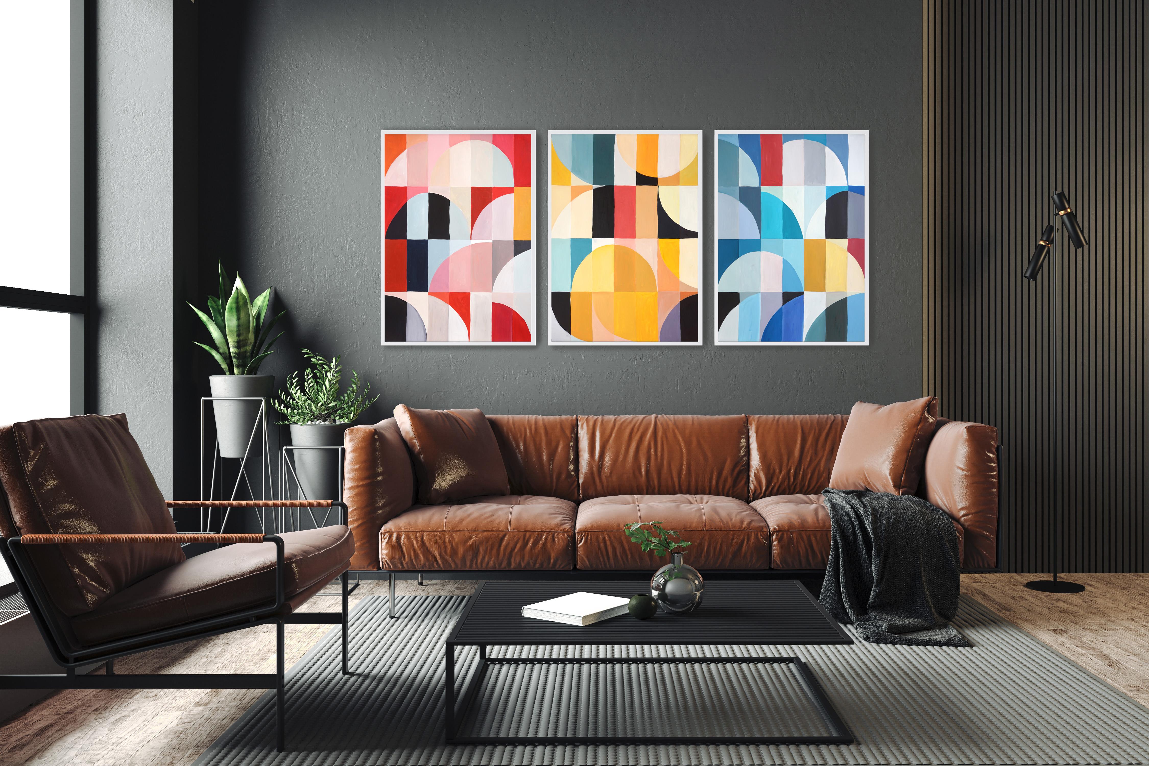 Primary Tones Umbrella Shades, Yellow, Blue and Red Bauhaus Grid Large Triptych - Painting by Natalia Roman