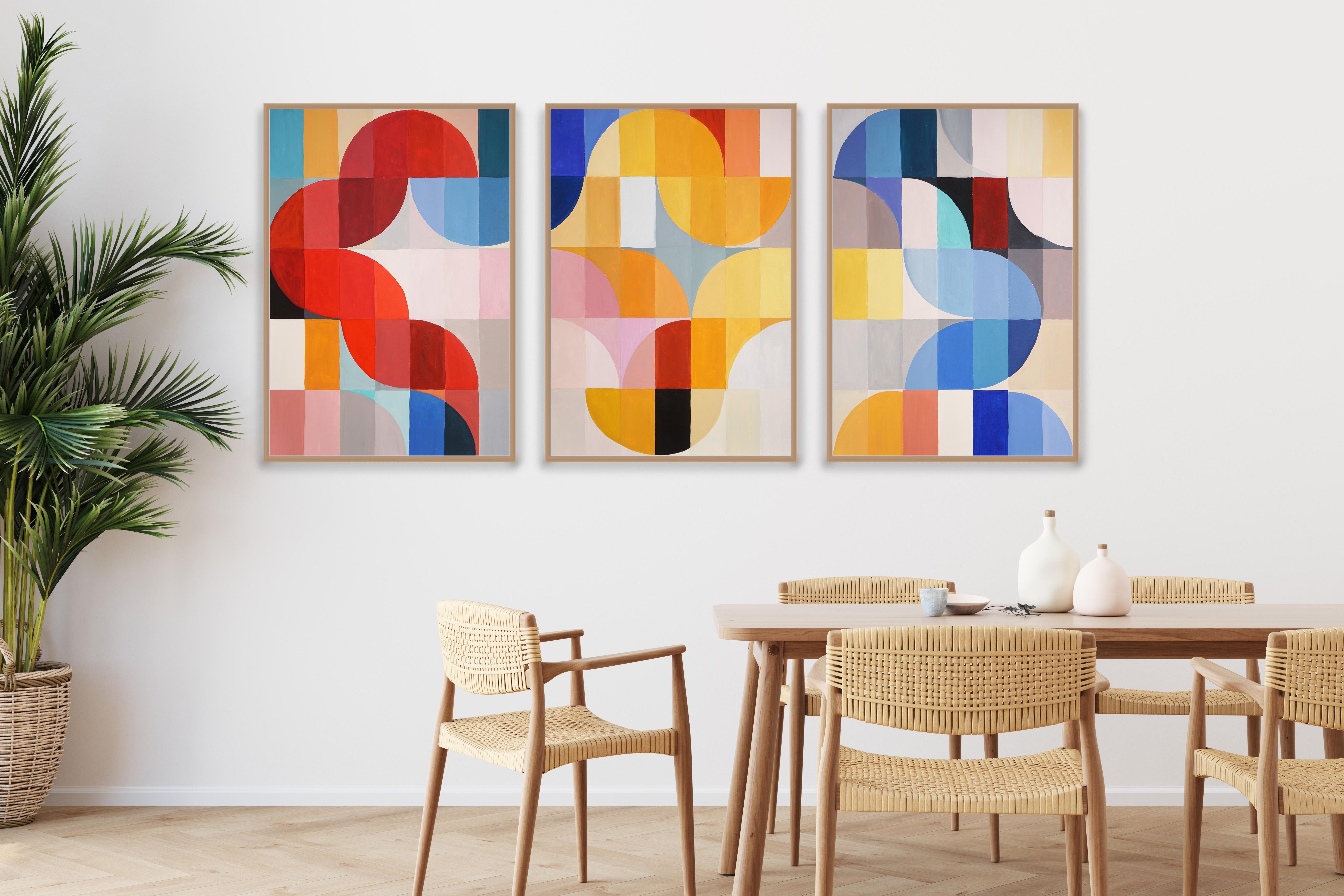 Primary Tones Umbrella Shades, Yellow, Blue and Red Bauhaus Grid Large Triptych - Abstract Geometric Painting by Natalia Roman