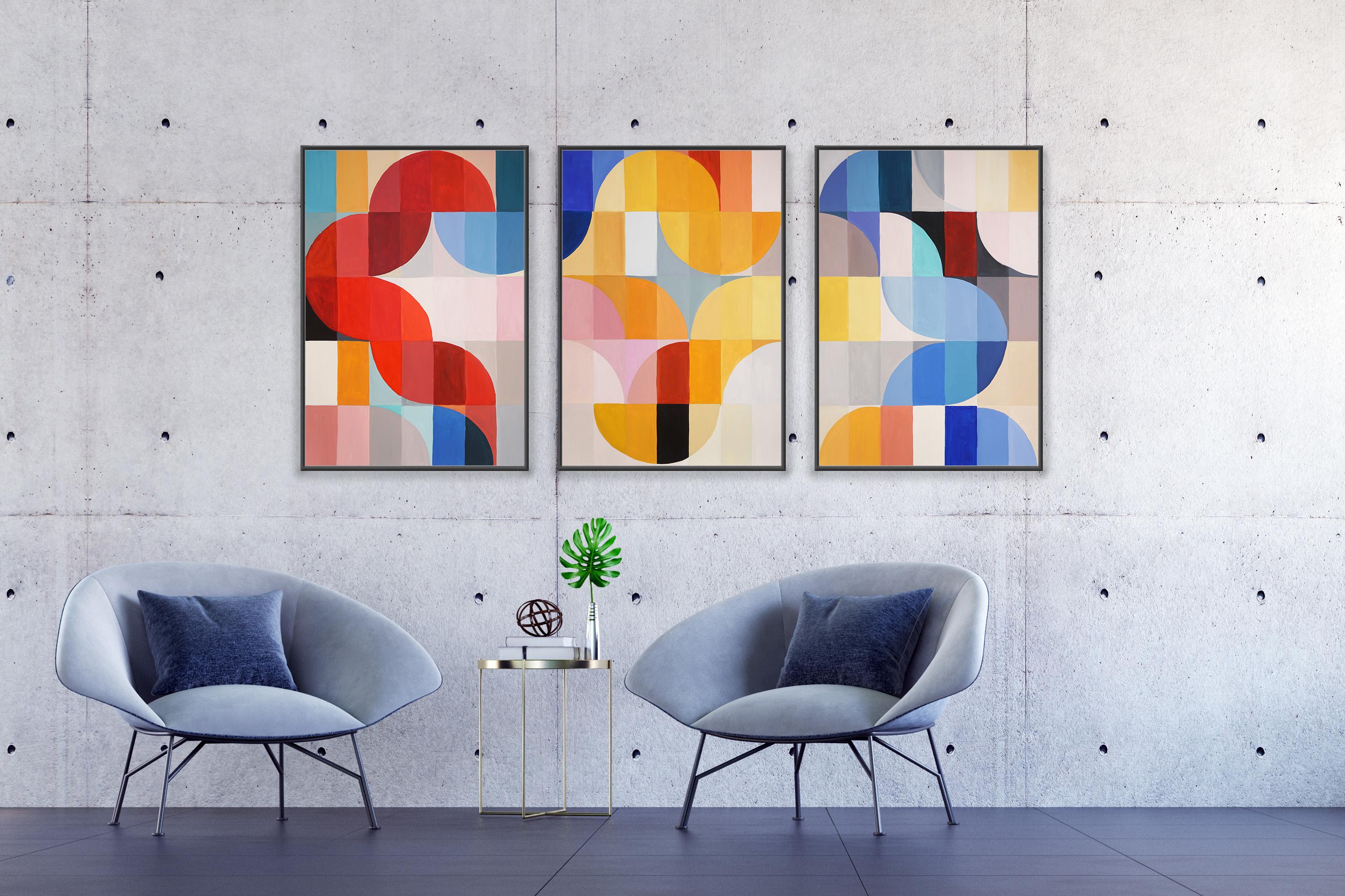 Primary Tones Umbrella Shades, Yellow, Blue and Red Bauhaus Grid Large Triptych 5