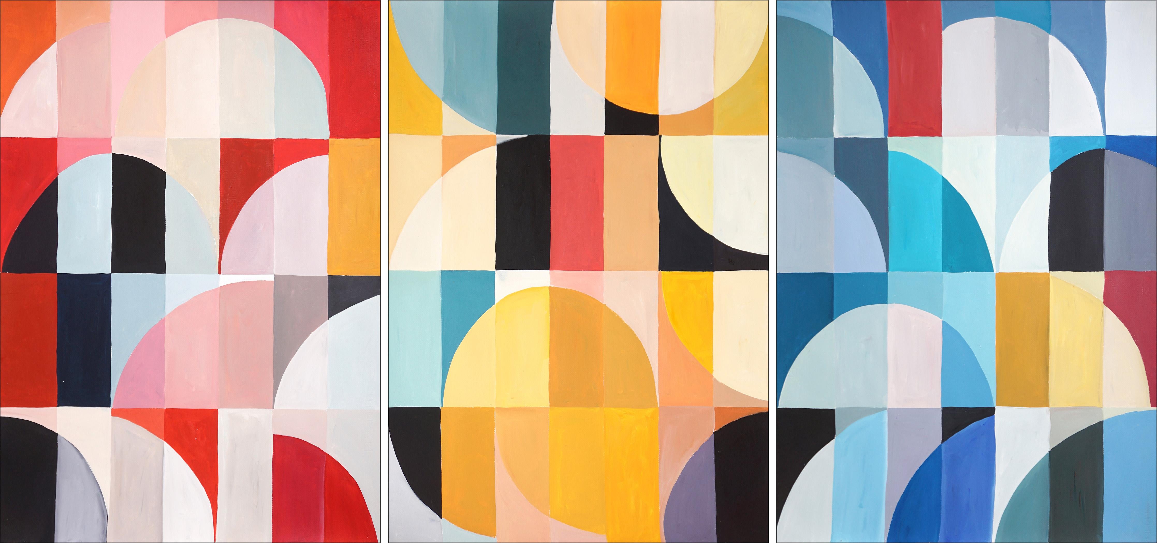 Natalia Roman Landscape Painting - Primary Tones Umbrella Shades, Yellow, Blue and Red Bauhaus Grid Large Triptych