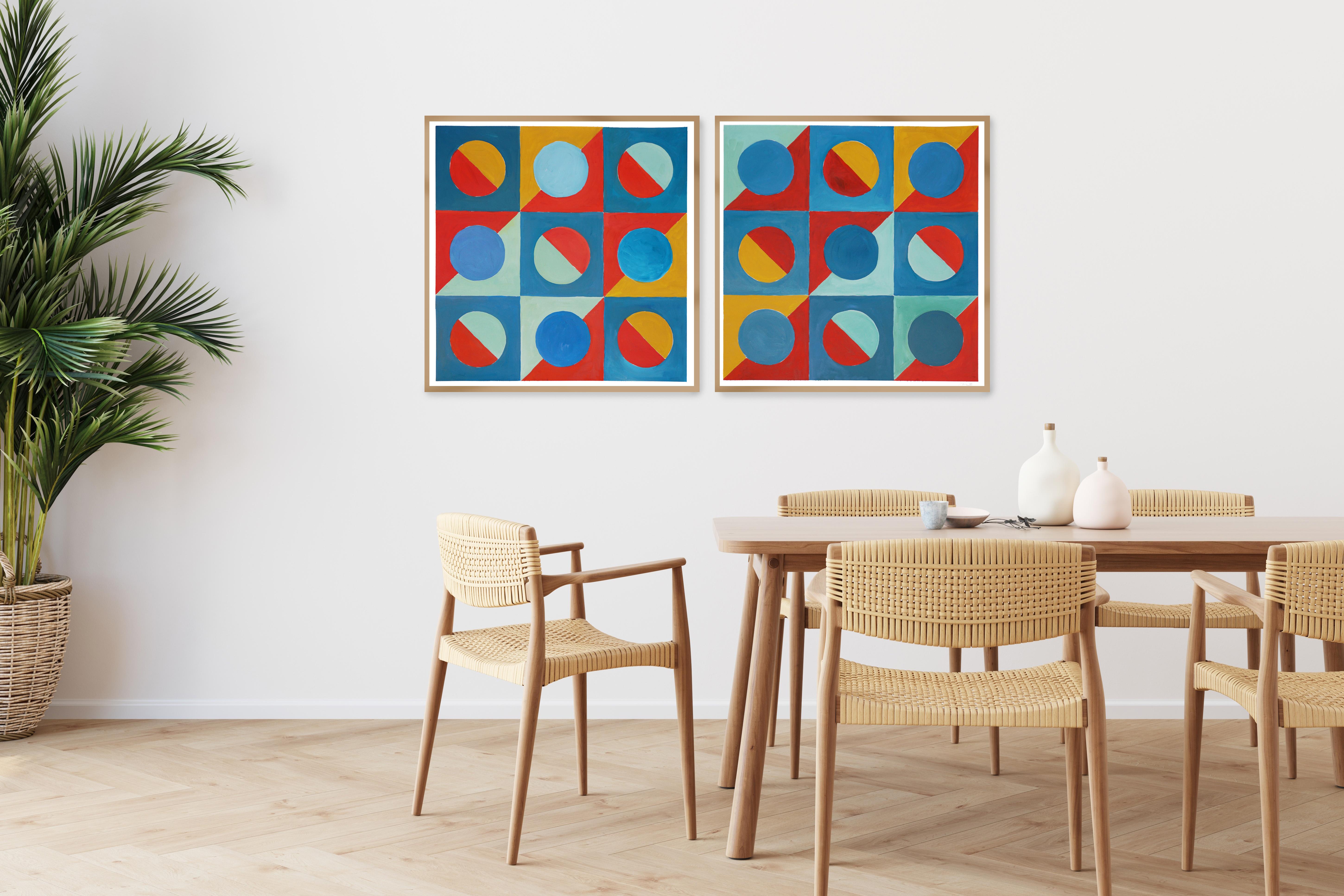 Primäre Töne,  Vivid Checkers Diptychon, Rot, Blau, Grün, Gelb Geometrische Kacheln – Painting von Natalia Roman