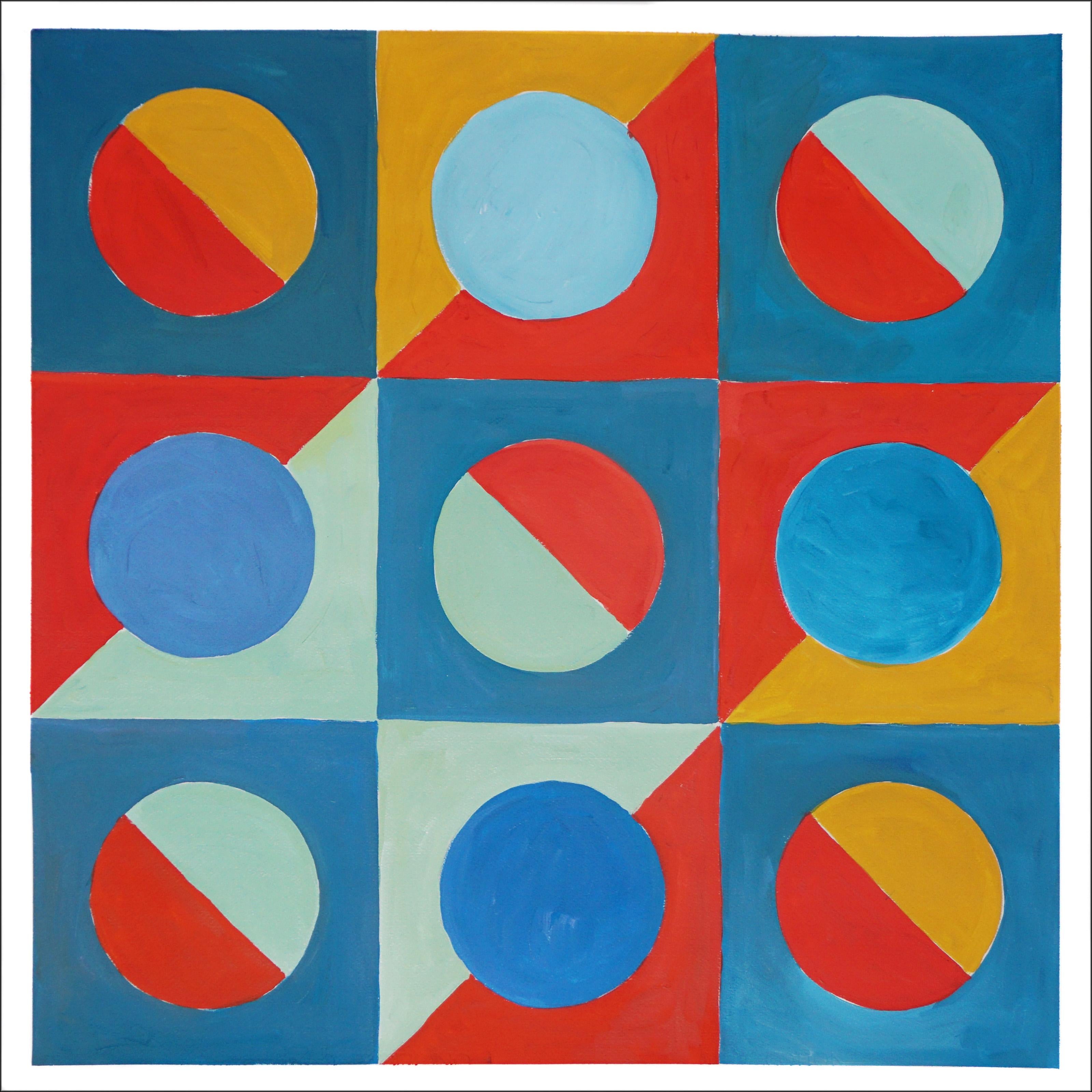 Primäre Töne,  Vivid Checkers Diptychon, Rot, Blau, Grün, Gelb Geometrische Kacheln (Geometrische Abstraktion), Painting, von Natalia Roman