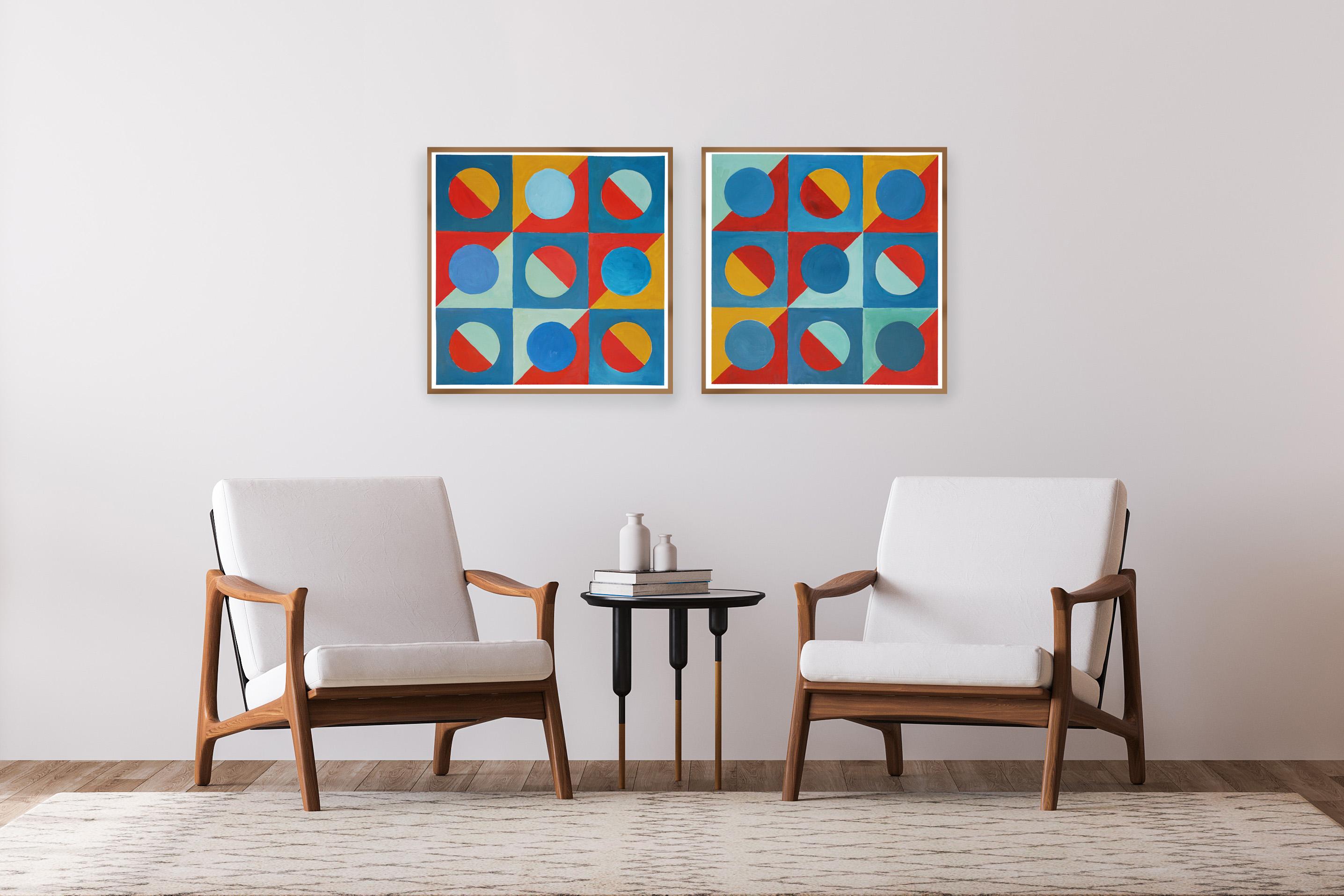 Primäre Töne,  Vivid Checkers Diptychon, Rot, Blau, Grün, Gelb Geometrische Kacheln 1