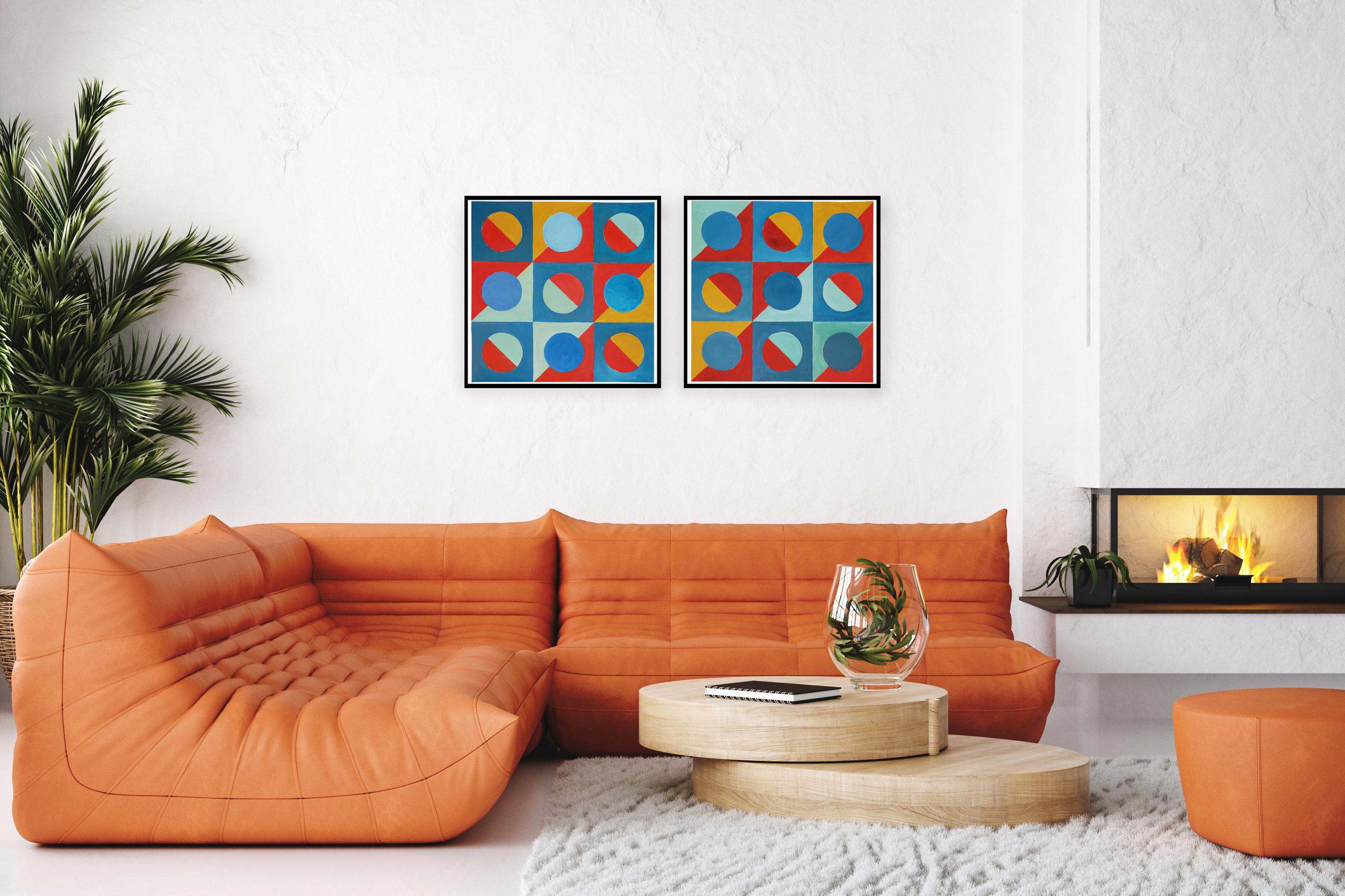 Primäre Töne,  Vivid Checkers Diptychon, Rot, Blau, Grün, Gelb Geometrische Kacheln 5