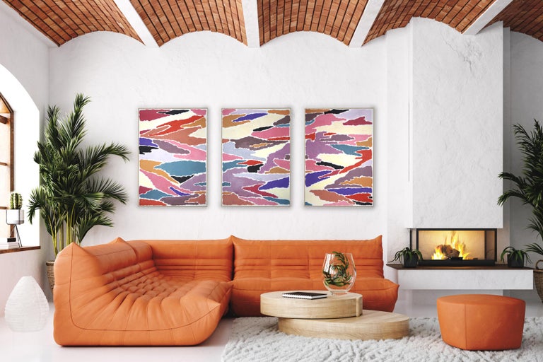 Primavera Landscape Dream, Pink Pastel Abstract Triptych, Blossom Spring Flowers - Painting by Natalia Roman