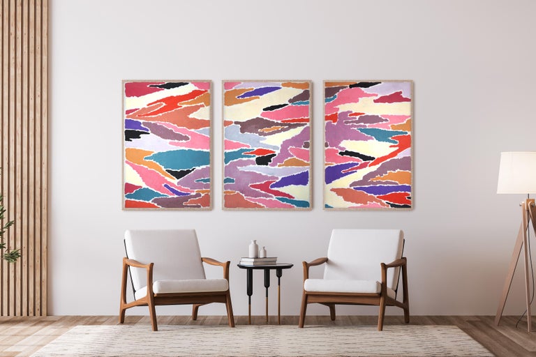 Primavera Landscape Dream, Pink Pastel Abstract Triptych, Blossom Spring Flowers 1