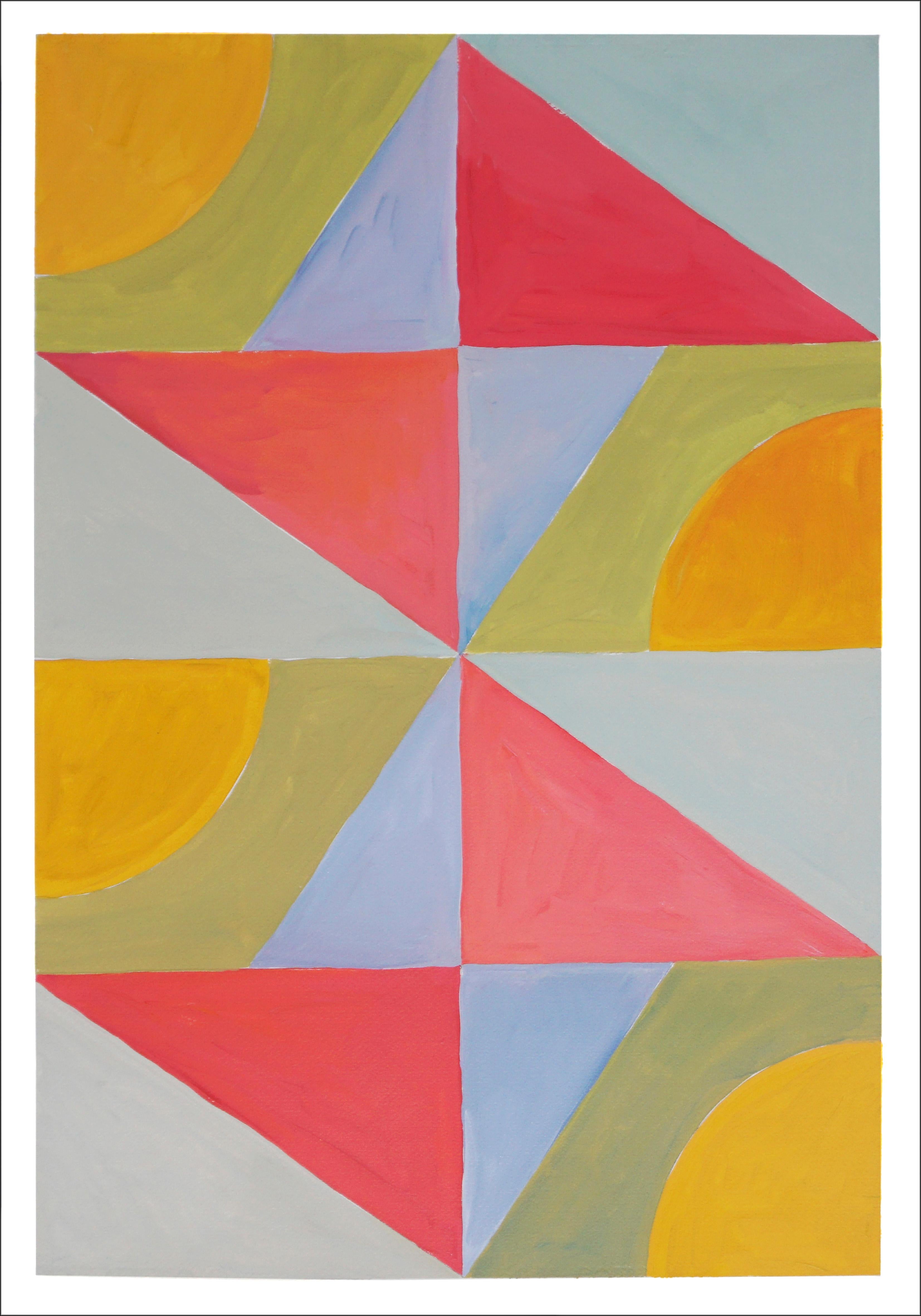 Paysage de Provence teinté soleil, champs abstraits et tons chauds, duo grille rouge et bleu - Géométrique abstrait Painting par Natalia Roman