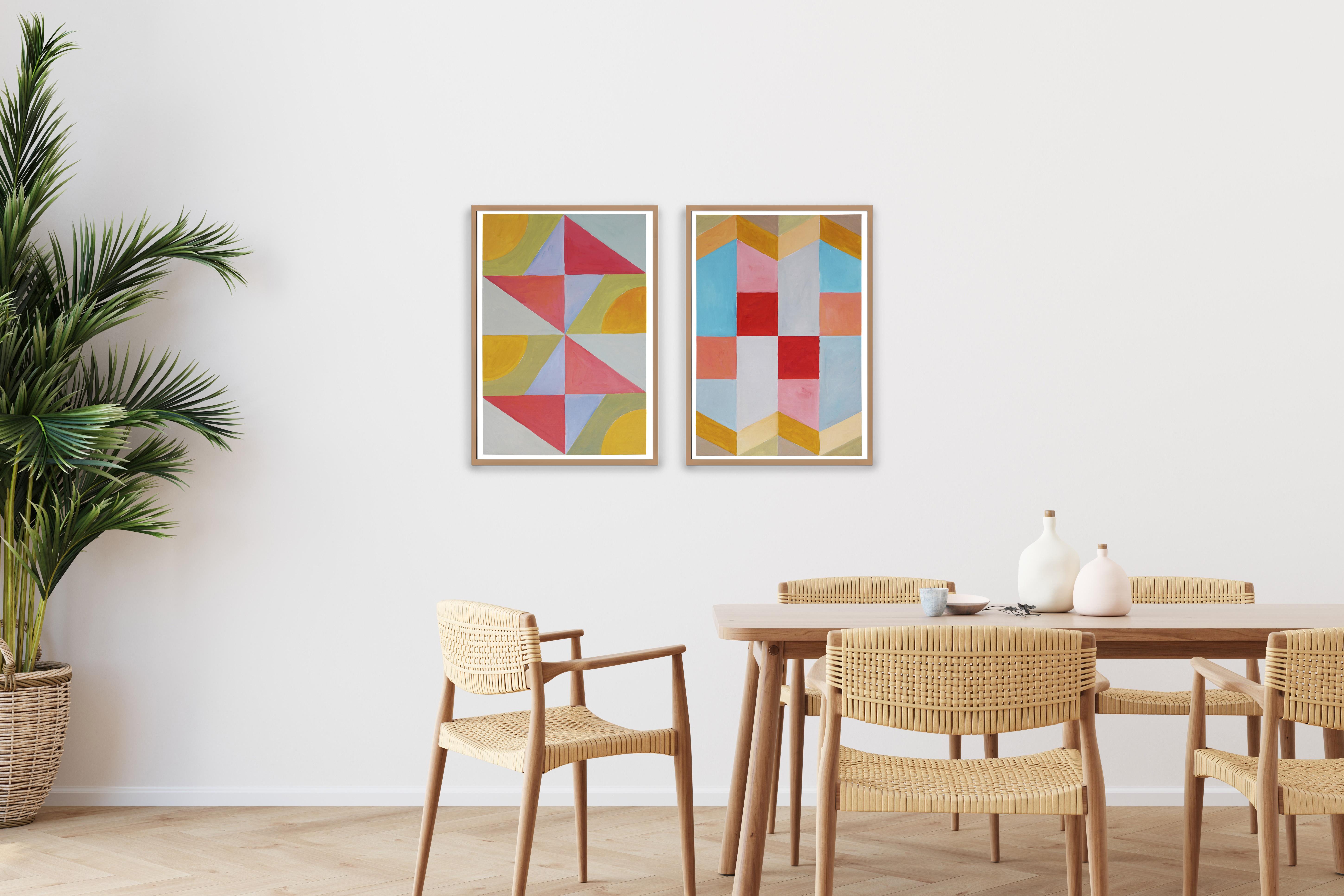 Ces séries de peintures de Natalia Roman s'inspirent des formes géométriques et minimalistes et des peintures du début du modernisme, avec un accent particulier sur les formes Art déco des années 30, 40 et 50. Les combinaisons de couleurs subtiles