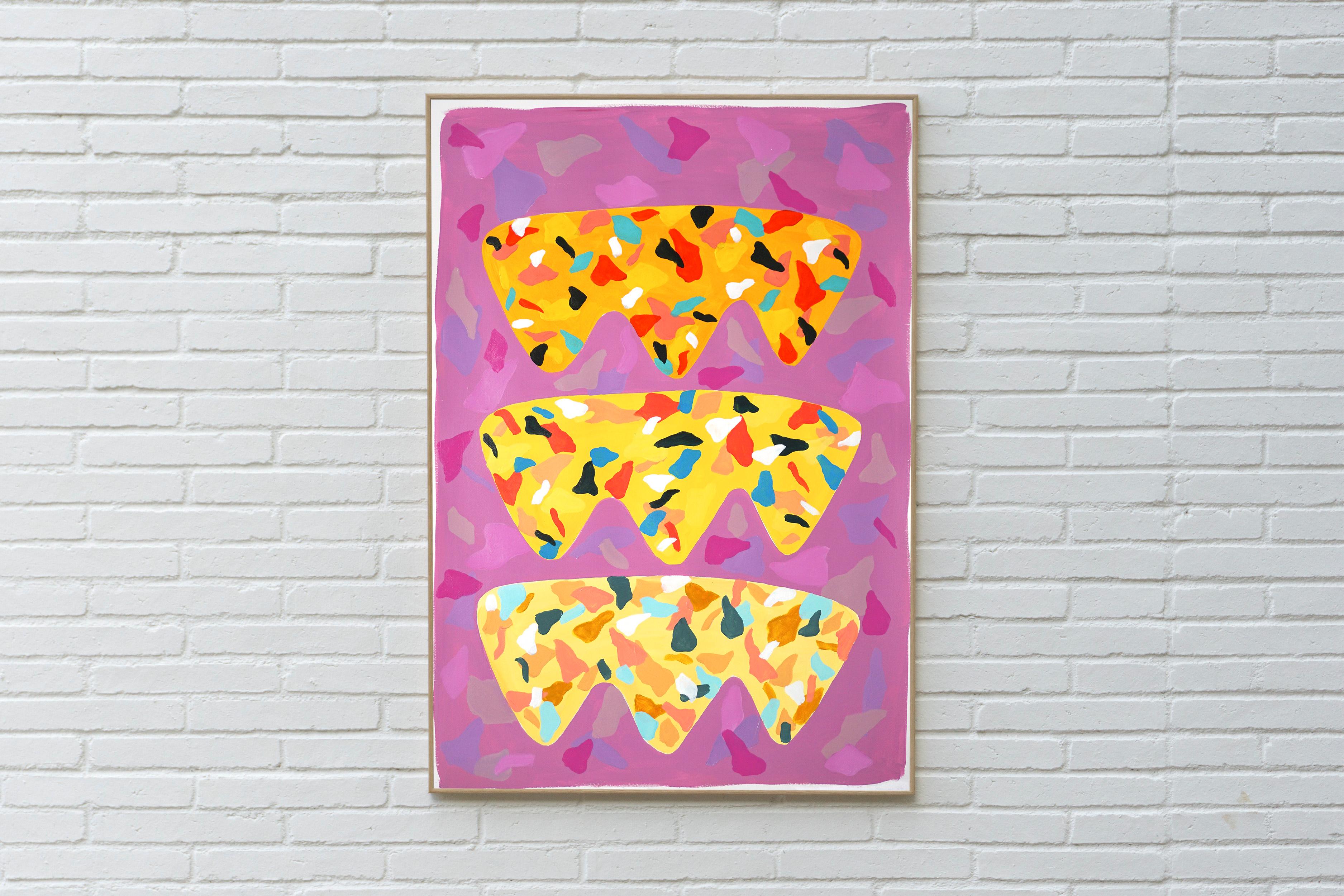 Cette série de peintures acryliques réalisées à la main par Natalia Roman s'inspire des couleurs et des textures du carrelage italien en terrazzo. Les motifs créés combinent une variété de couleurs vives au premier plan avec des tons subtils en